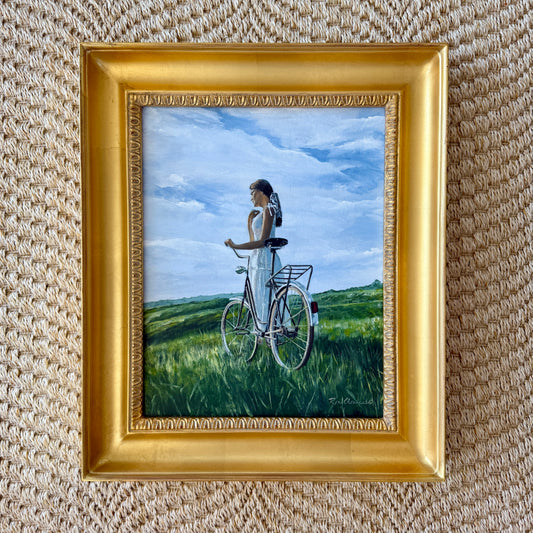 Ron Chouinard Portrait of Woman on Bike in Coastal Dunes Painting in Gold Frame