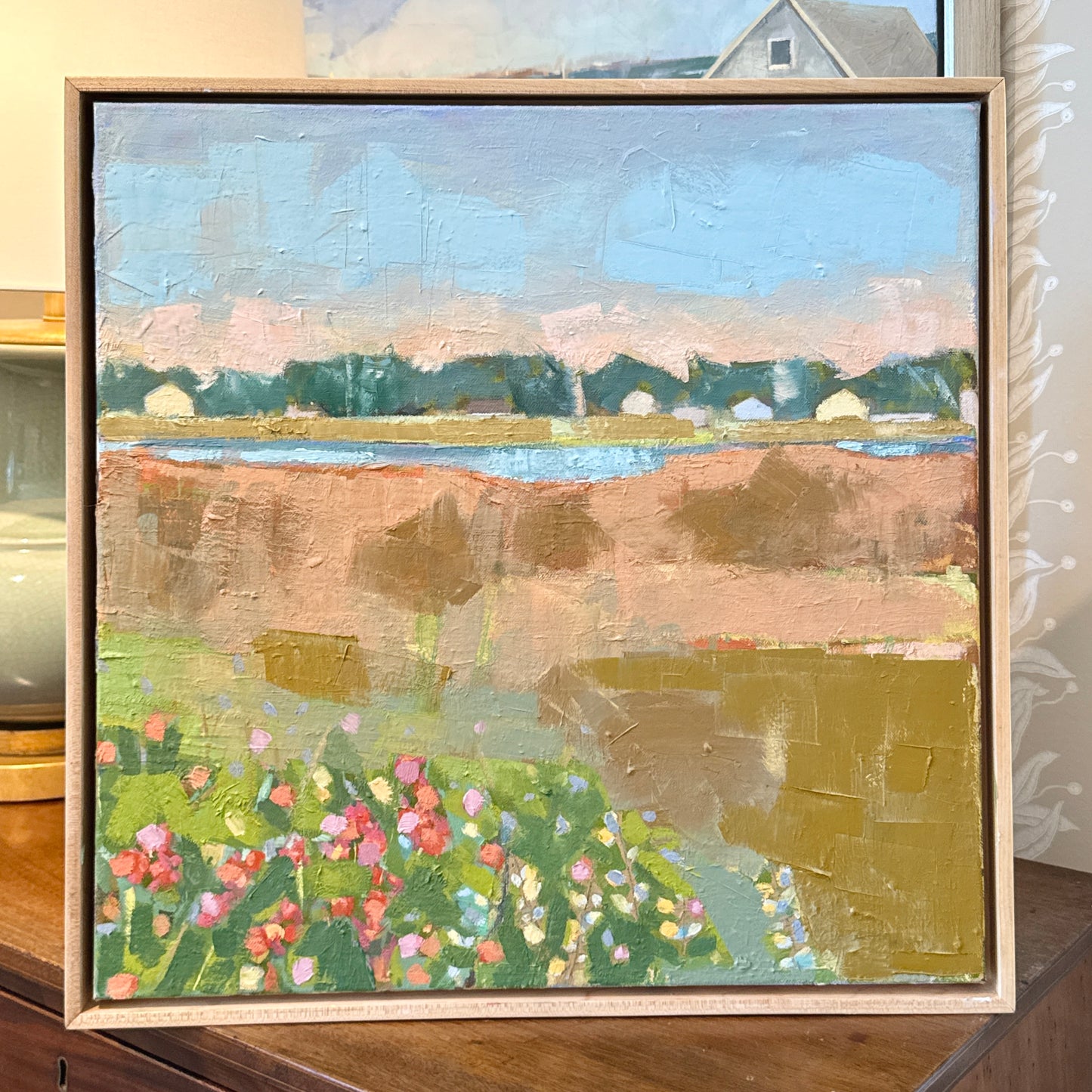 Carol Lesher Beach Flowers Coastal Landscape Oil Painting in Natural Maple Wood Frame