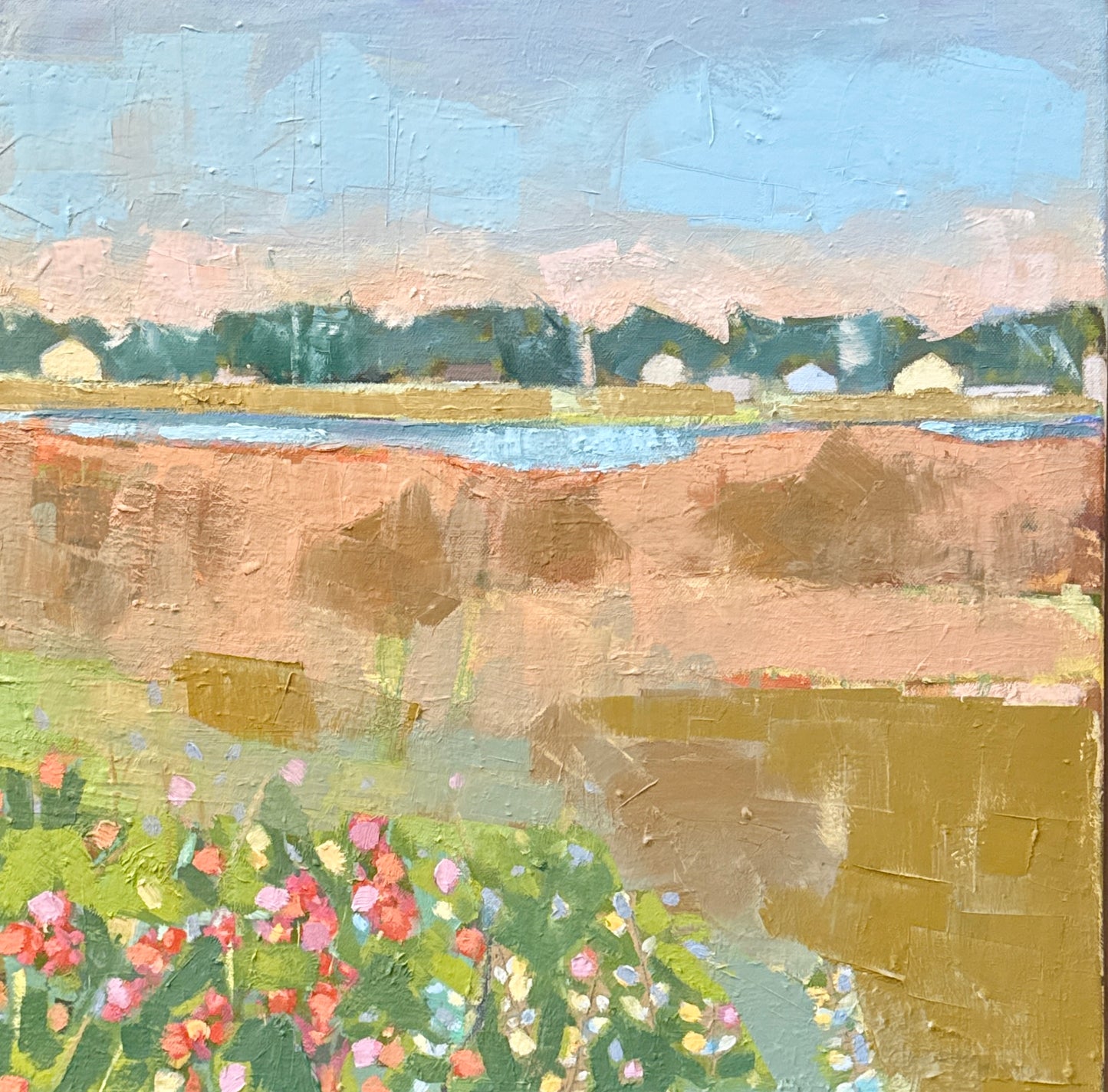 Carol Lesher Beach Flowers Coastal Landscape Oil Painting in Natural Maple Wood Frame