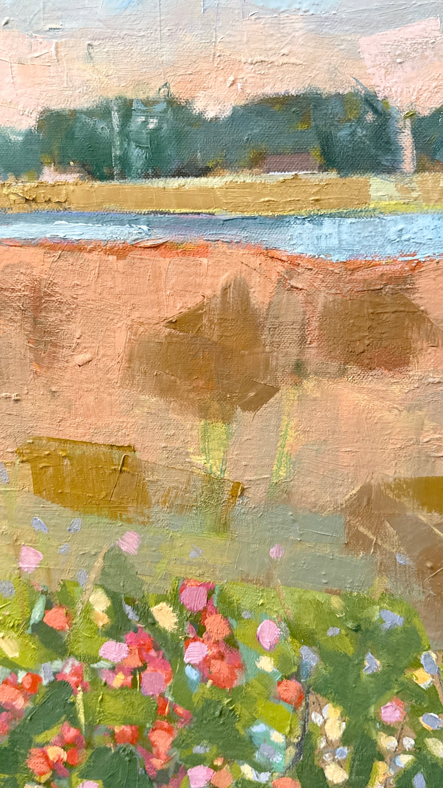 Carol Lesher Beach Flowers Coastal Landscape Oil Painting in Natural Maple Wood Frame