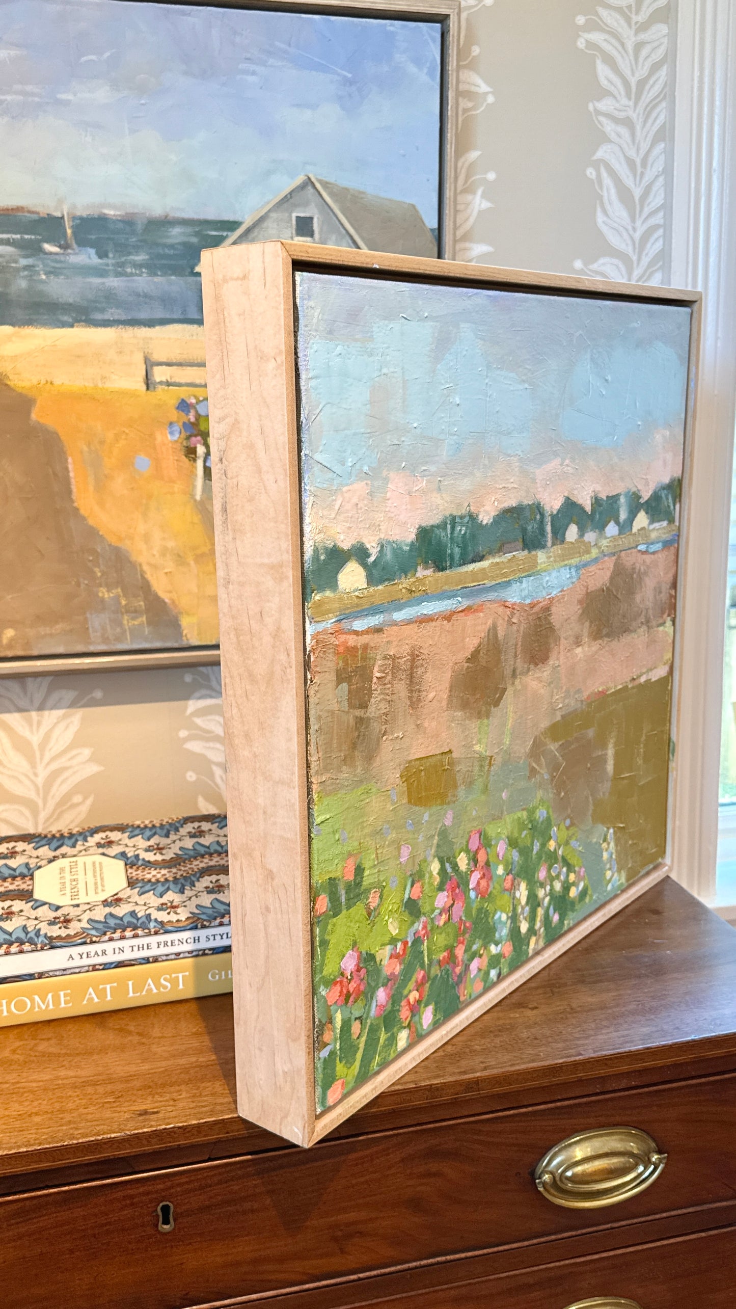 Carol Lesher Beach Flowers Coastal Landscape Oil Painting in Natural Maple Wood Frame
