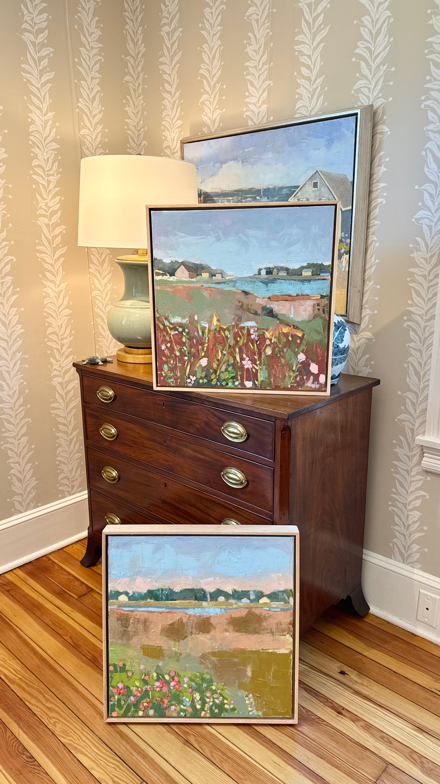 Carol Lesher Beach Flowers Coastal Landscape Oil Painting in Natural Maple Wood Frame