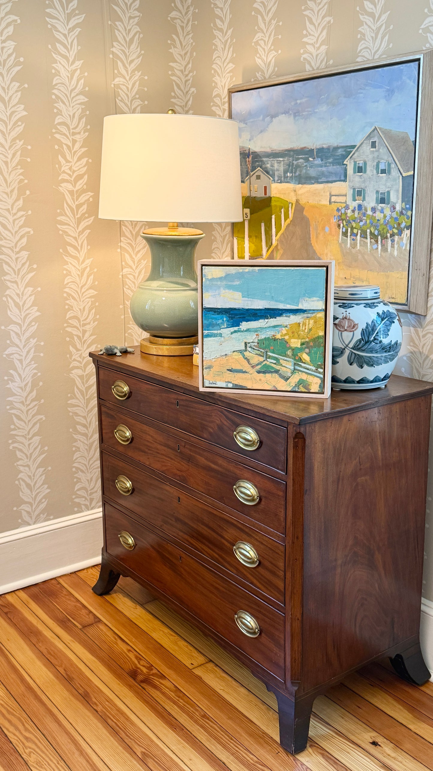 Carol Lesher In The Morning Coastal Landscape Oil Painting in Natural Maple Wood Frame