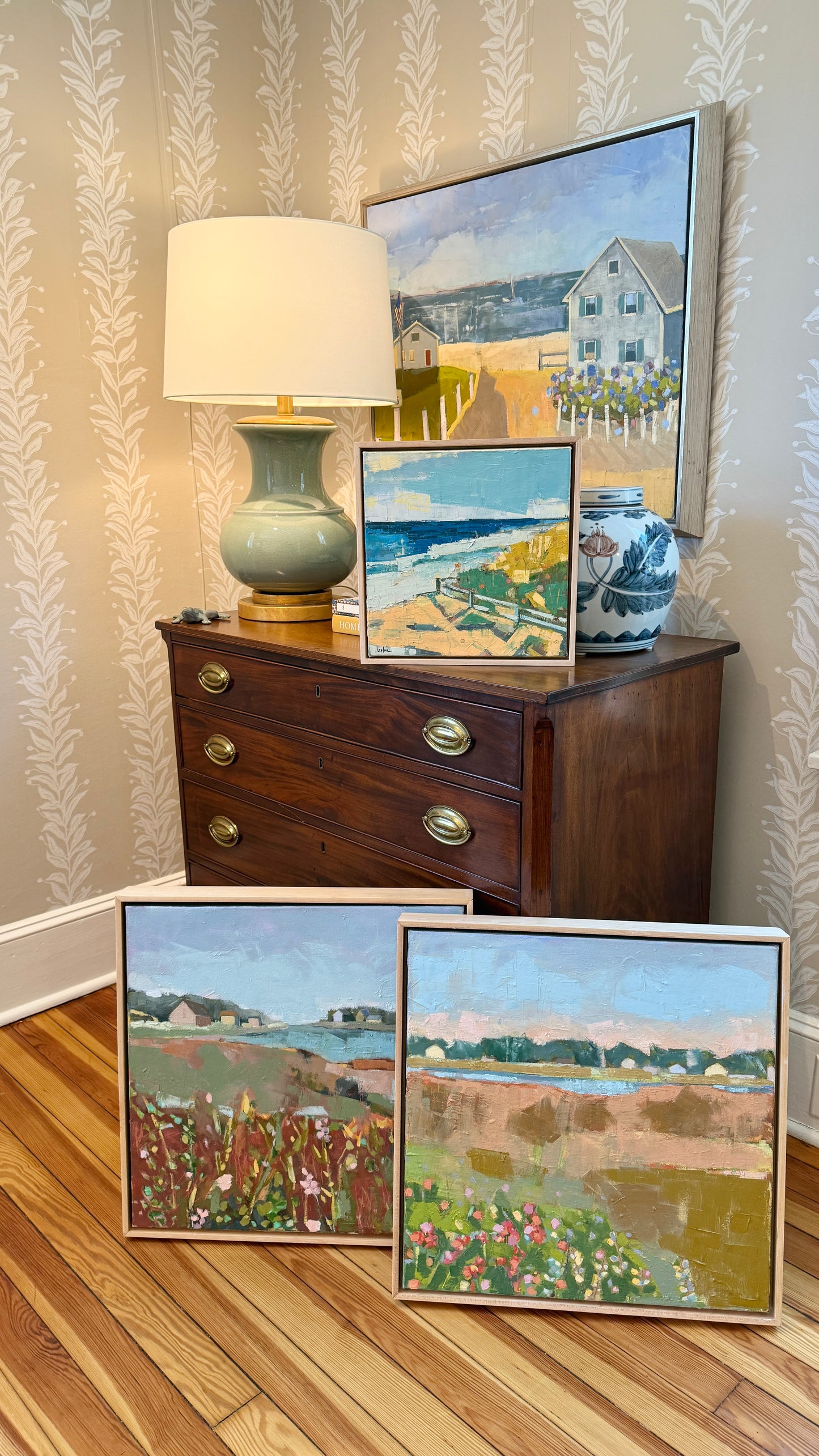 Carol Lesher In The Morning Coastal Landscape Oil Painting in Natural Maple Wood Frame