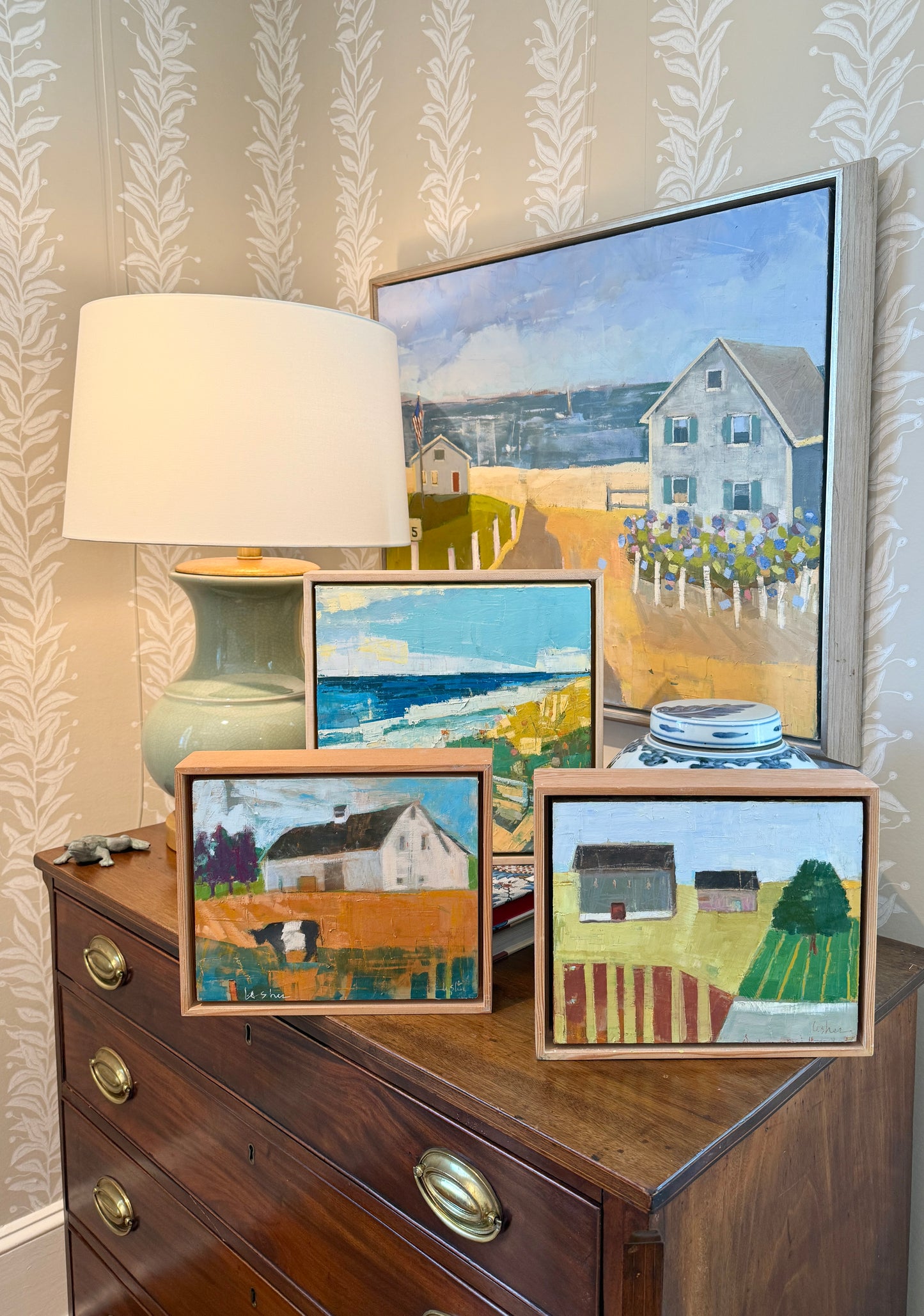 Carol Lesher In The Morning Coastal Landscape Oil Painting in Natural Maple Wood Frame