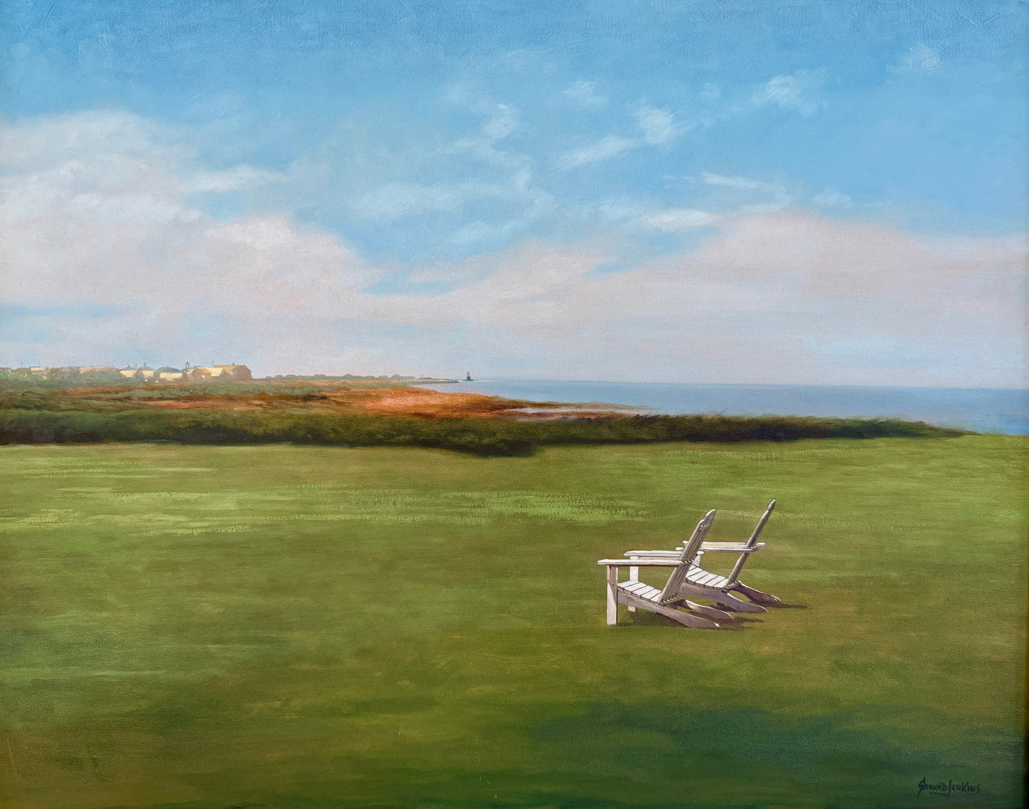 Shawn D. Jenkins For Two Lovers Seaside Adironack Chair Lookout Oil Painting in Gold Frame