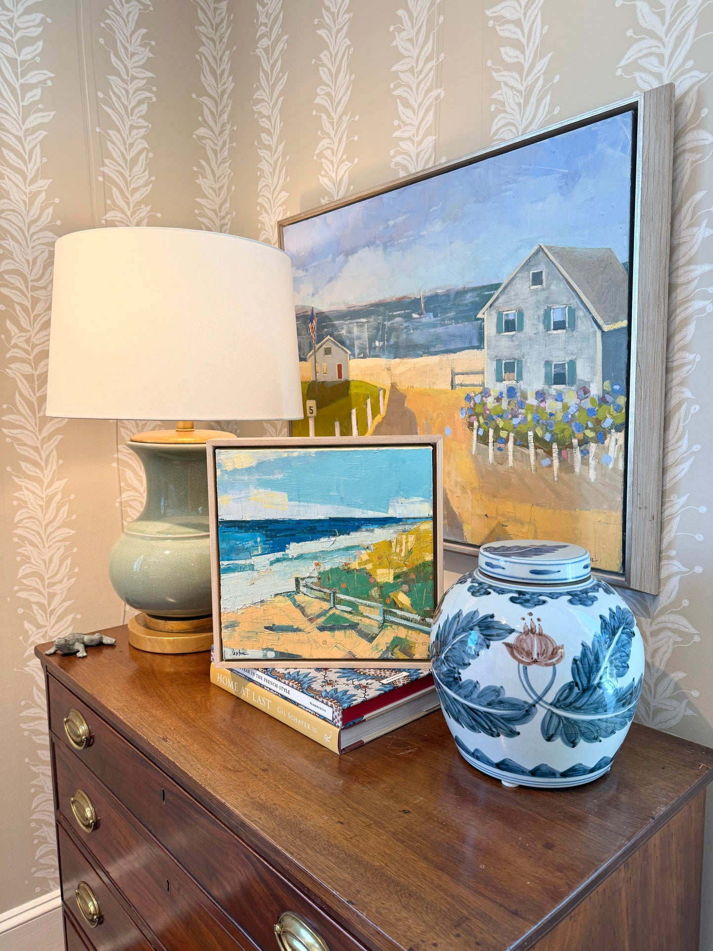 Carol Lesher In The Morning Coastal Landscape Oil Painting in Natural Maple Wood Frame