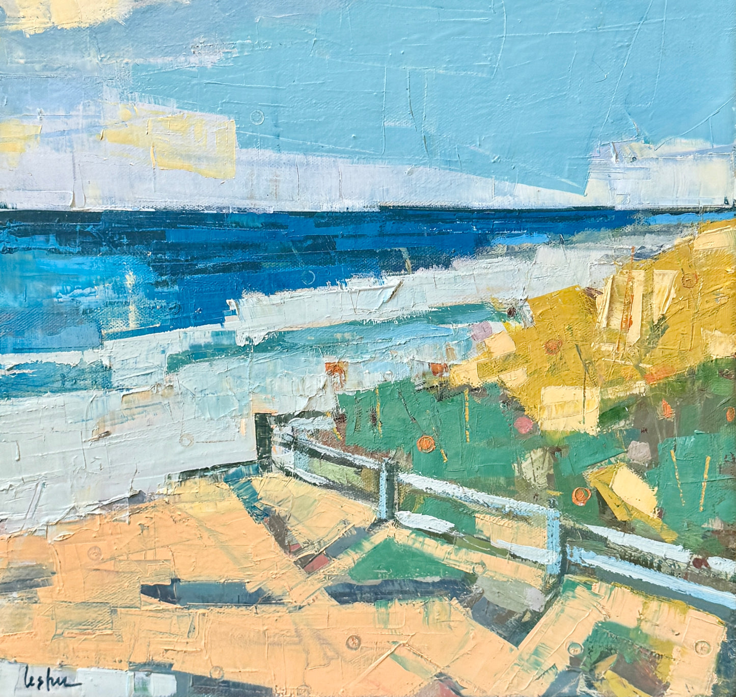 Carol Lesher In The Morning Coastal Landscape Oil Painting in Natural Maple Wood Frame