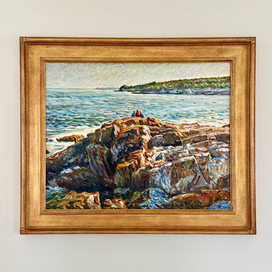 Edmund Jordan 3 Children at Otter Cliff Mount Desert Island Maine Seascape Oil Painting in Gold Frame