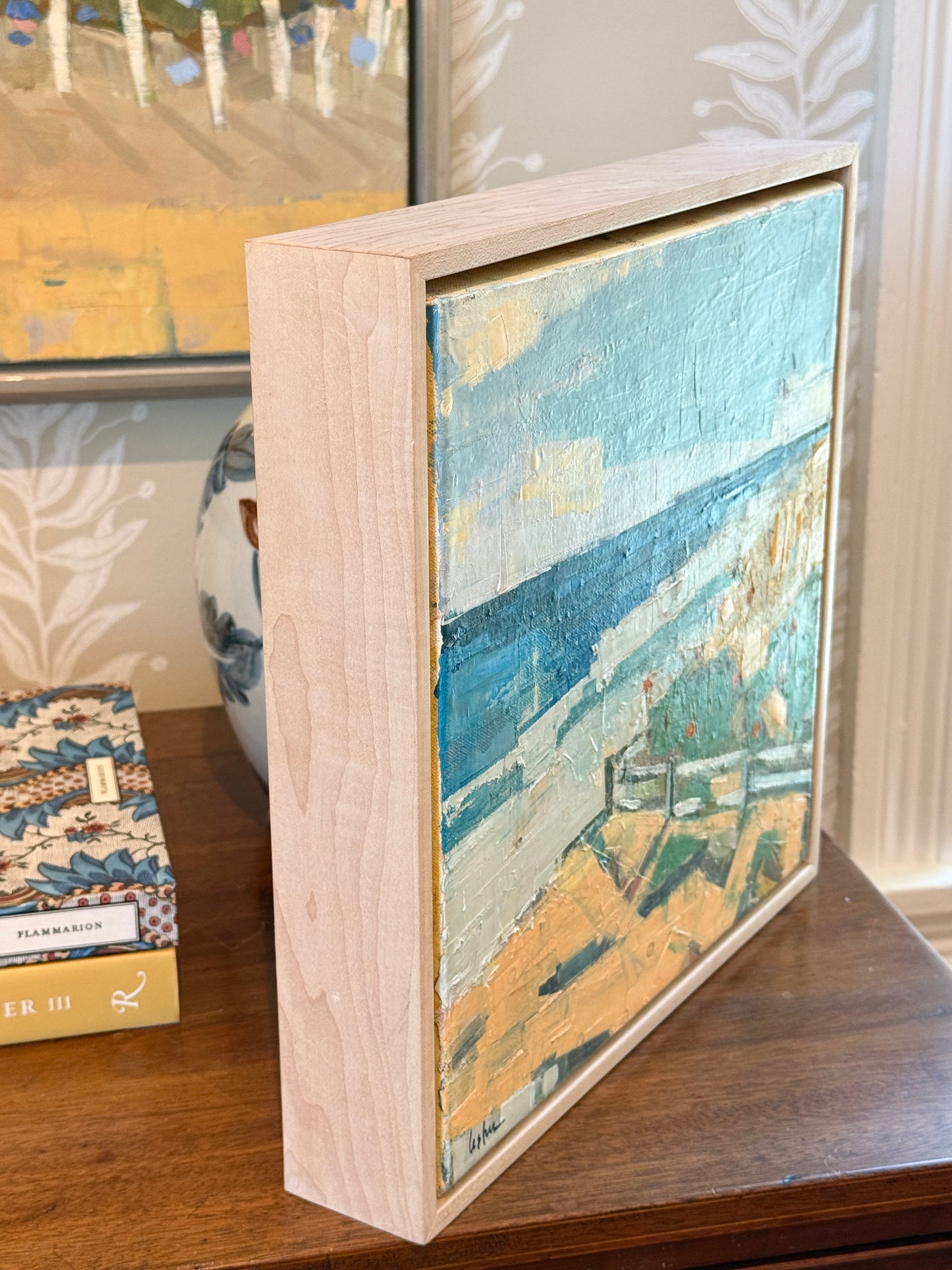 Carol Lesher In The Morning Coastal Landscape Oil Painting in Natural Maple Wood Frame