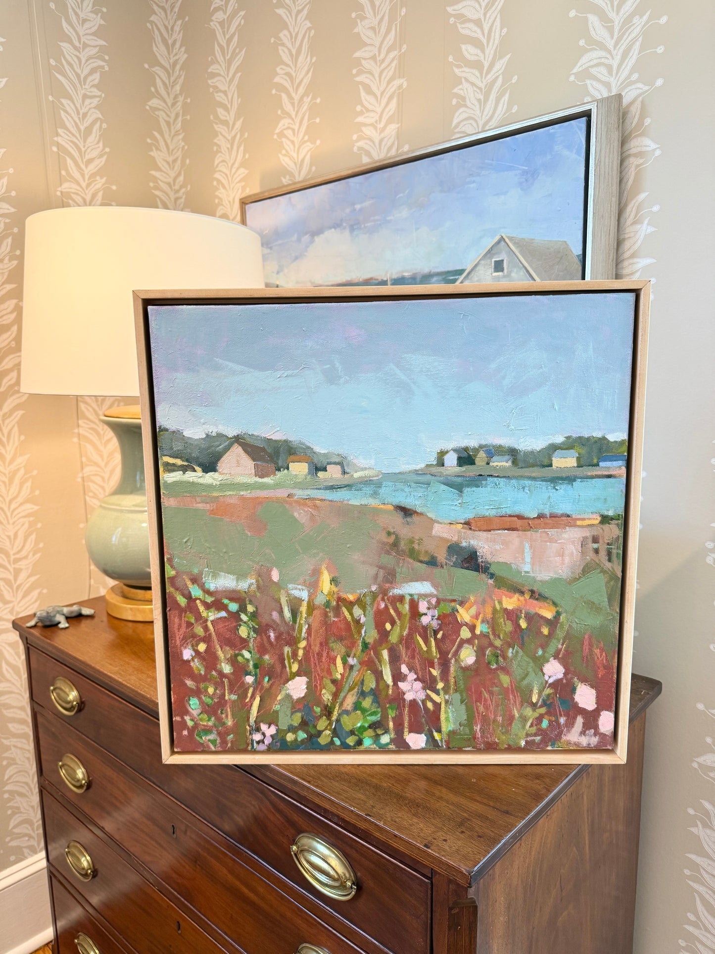 Carol Lesher Looking North Coastal Landscape Oil Painting in Natural Maple Wood Frame