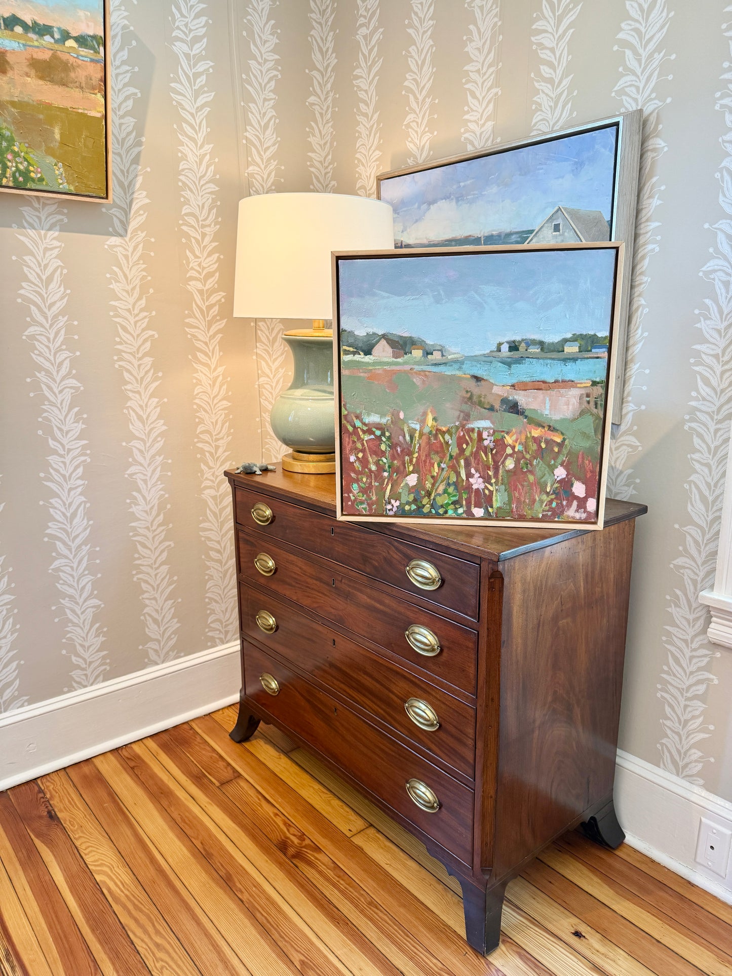 Carol Lesher Looking North Coastal Landscape Oil Painting in Natural Maple Wood Frame