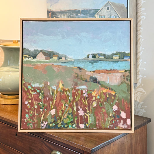 Carol Lesher Looking North Coastal Landscape Oil Painting in Natural Maple Wood Frame