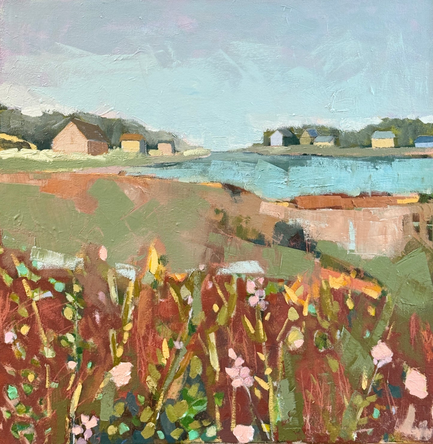 Carol Lesher Looking North Coastal Landscape Oil Painting in Natural Maple Wood Frame