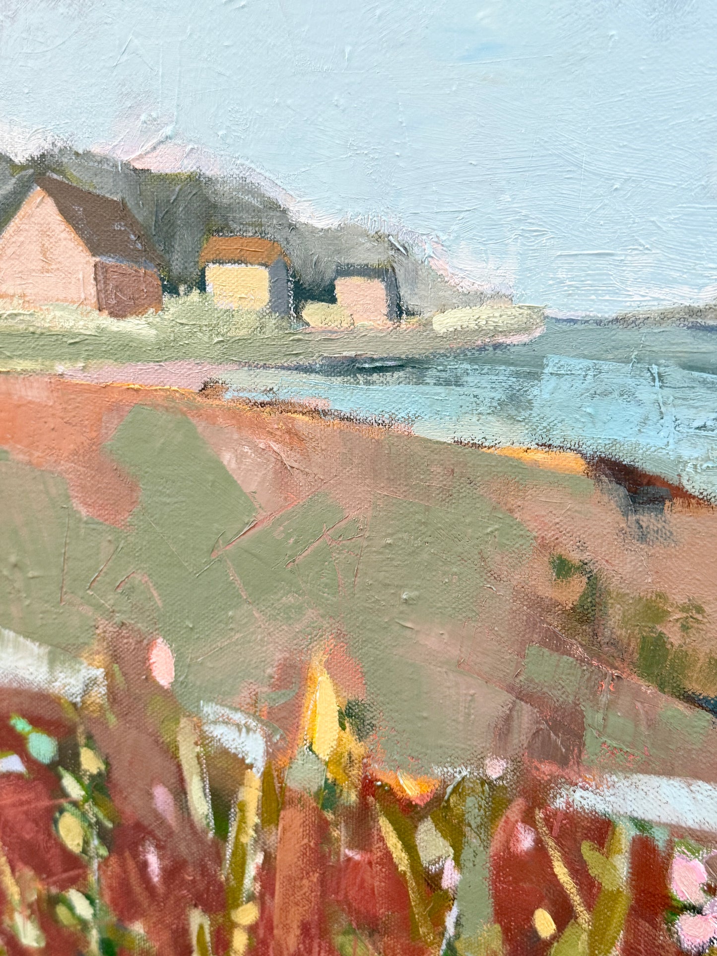 Carol Lesher Looking North Coastal Landscape Oil Painting in Natural Maple Wood Frame