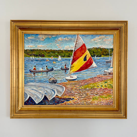 Edmund Jordan Sailboats and Canoes on the Lake Summer Oil Painting in Gold Frame