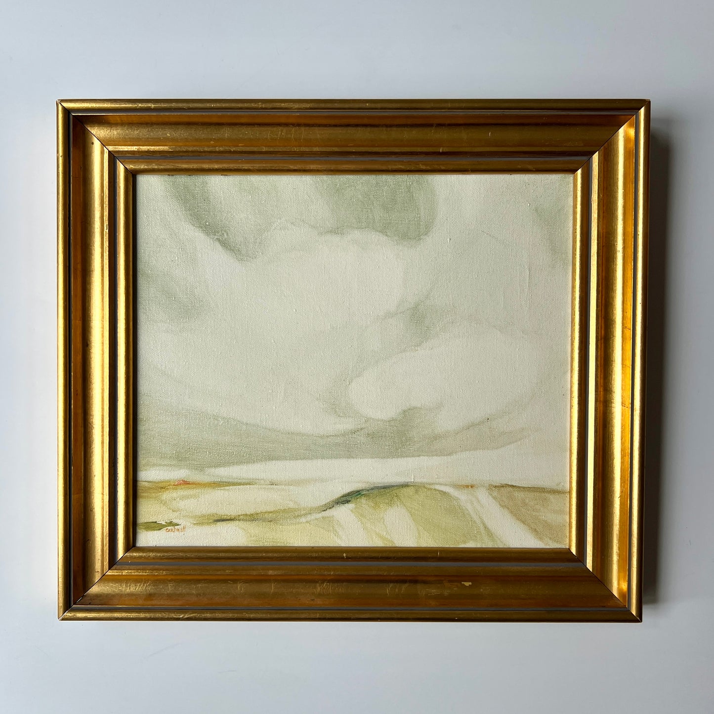 Vintage Helen Cartmell (American, b. 1923) Surreal Muted Landscape Painting in Gold Frame