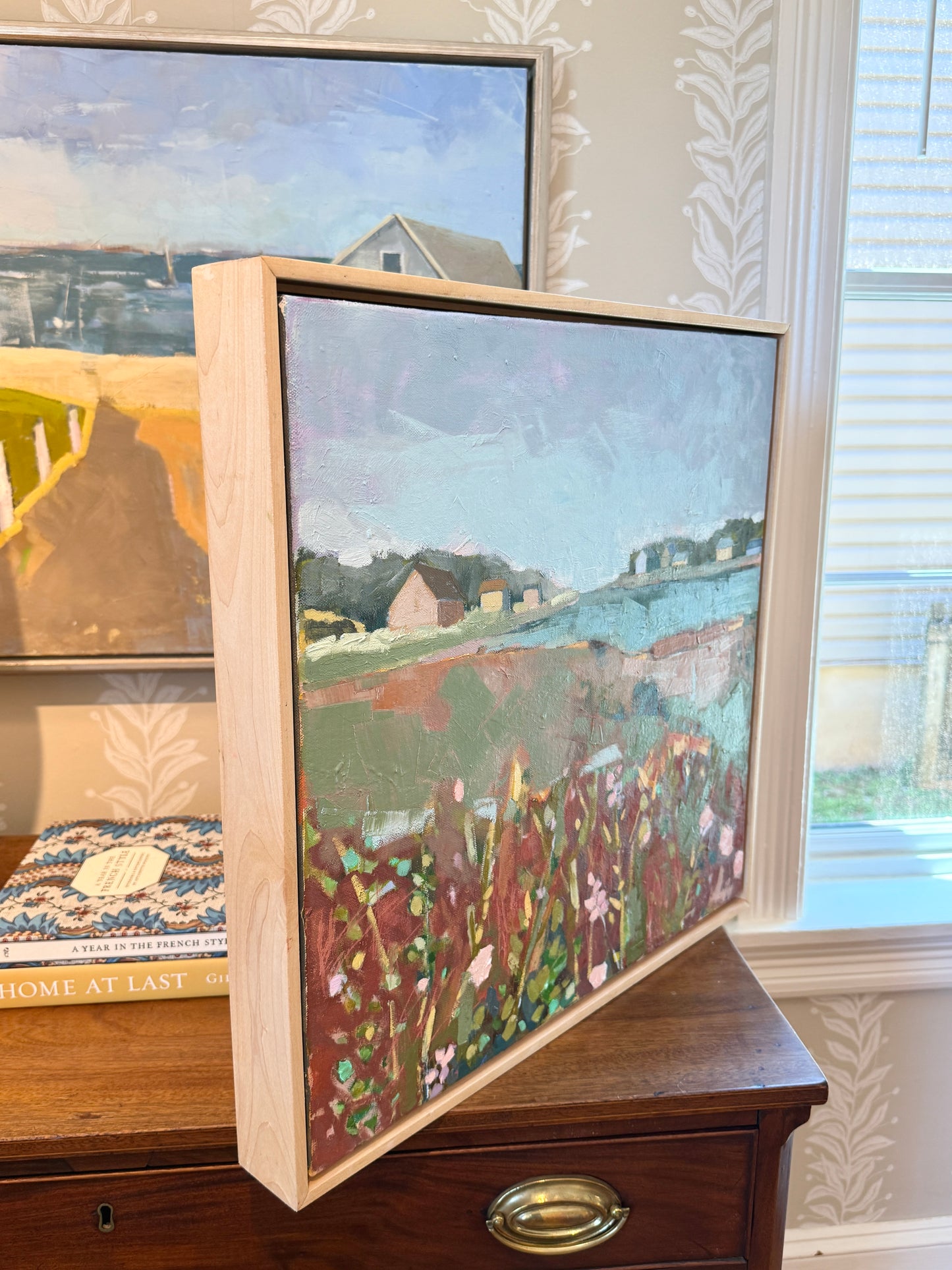 Carol Lesher Looking North Coastal Landscape Oil Painting in Natural Maple Wood Frame