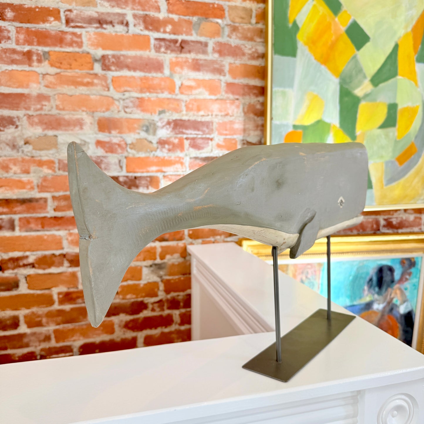 Vintage Hand Carved and Painted Sperm Whale Wood American Folk Art Sculpture on Stand