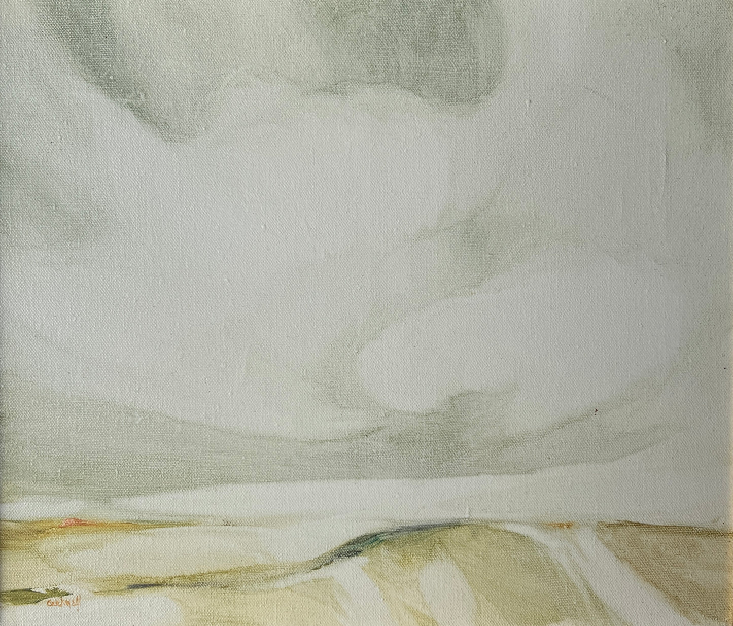Vintage Helen Cartmell (American, b. 1923) Surreal Muted Landscape Painting in Gold Frame