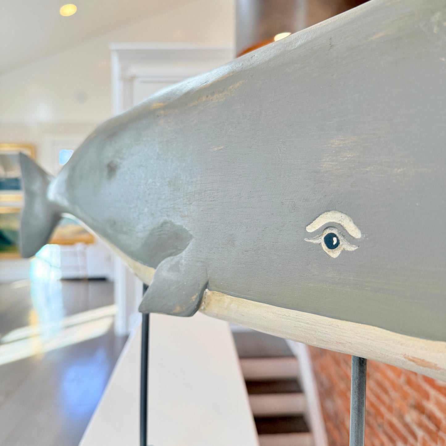 Vintage Hand Carved and Painted Sperm Whale Wood American Folk Art Sculpture on Stand