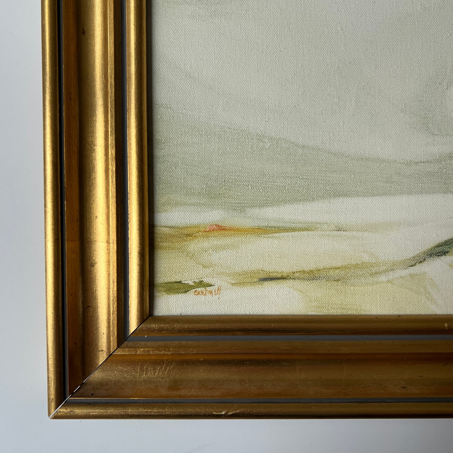 Vintage Helen Cartmell (American, b. 1923) Surreal Muted Landscape Painting in Gold Frame