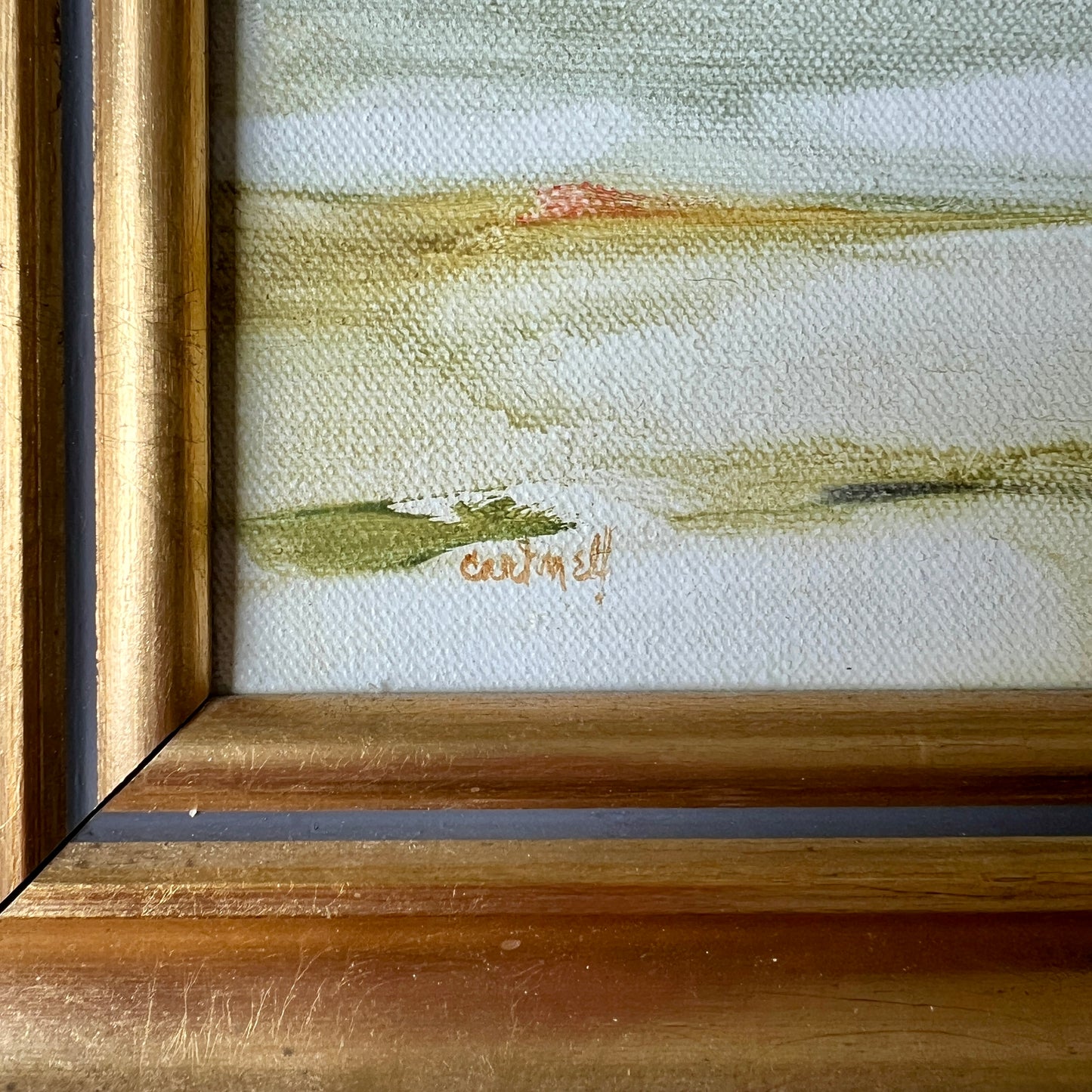 Vintage Helen Cartmell (American, b. 1923) Surreal Muted Landscape Painting in Gold Frame
