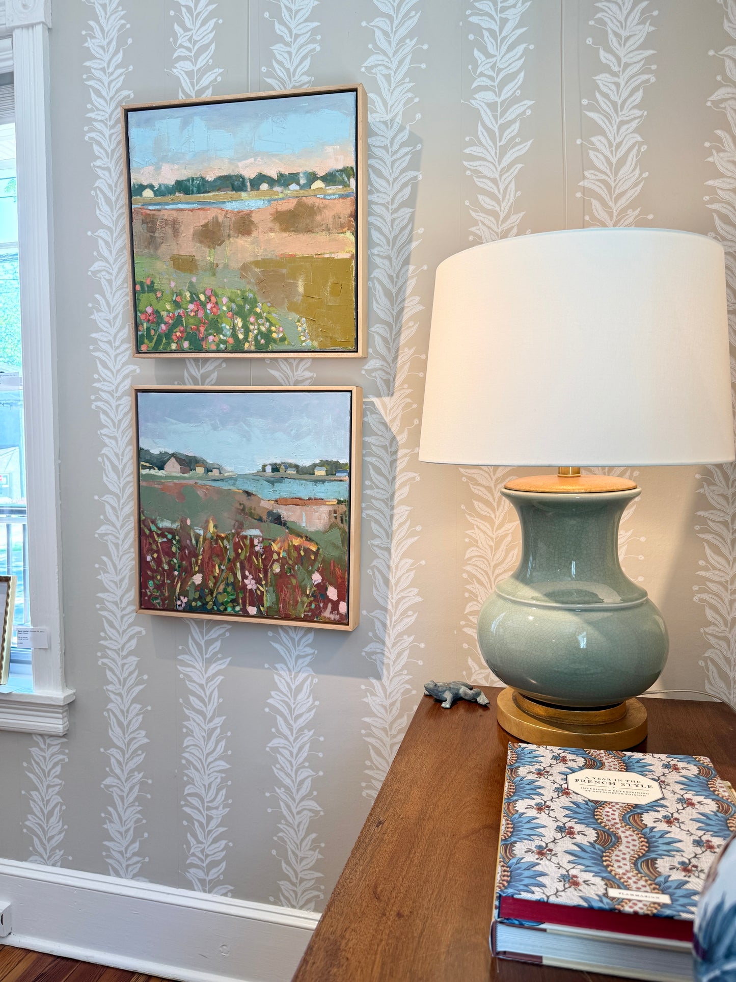 Carol Lesher Beach Flowers Coastal Landscape Oil Painting in Natural Maple Wood Frame