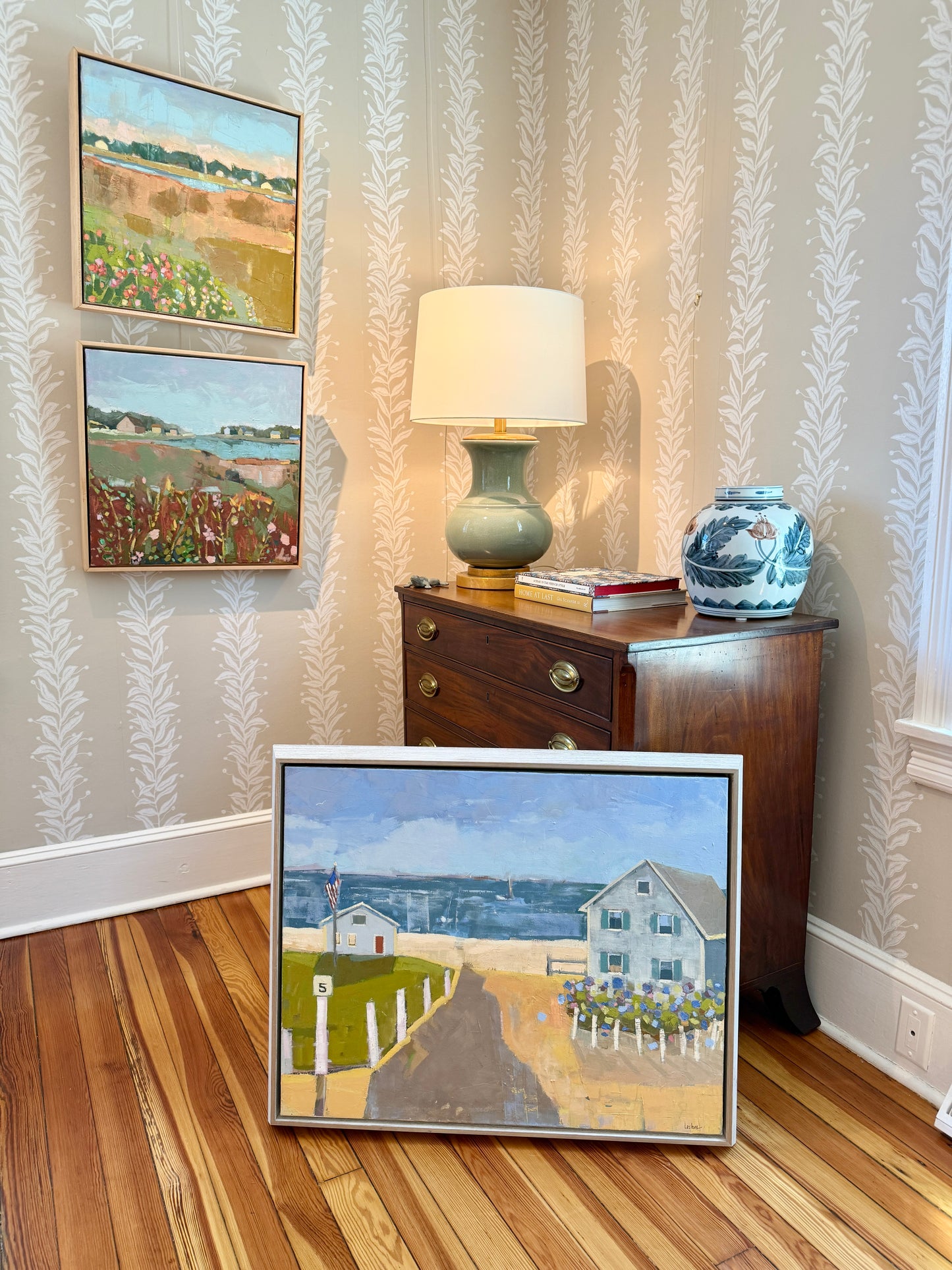 Carol Lesher Escape Oil Coastal Landscape Painting in White Wood Frame