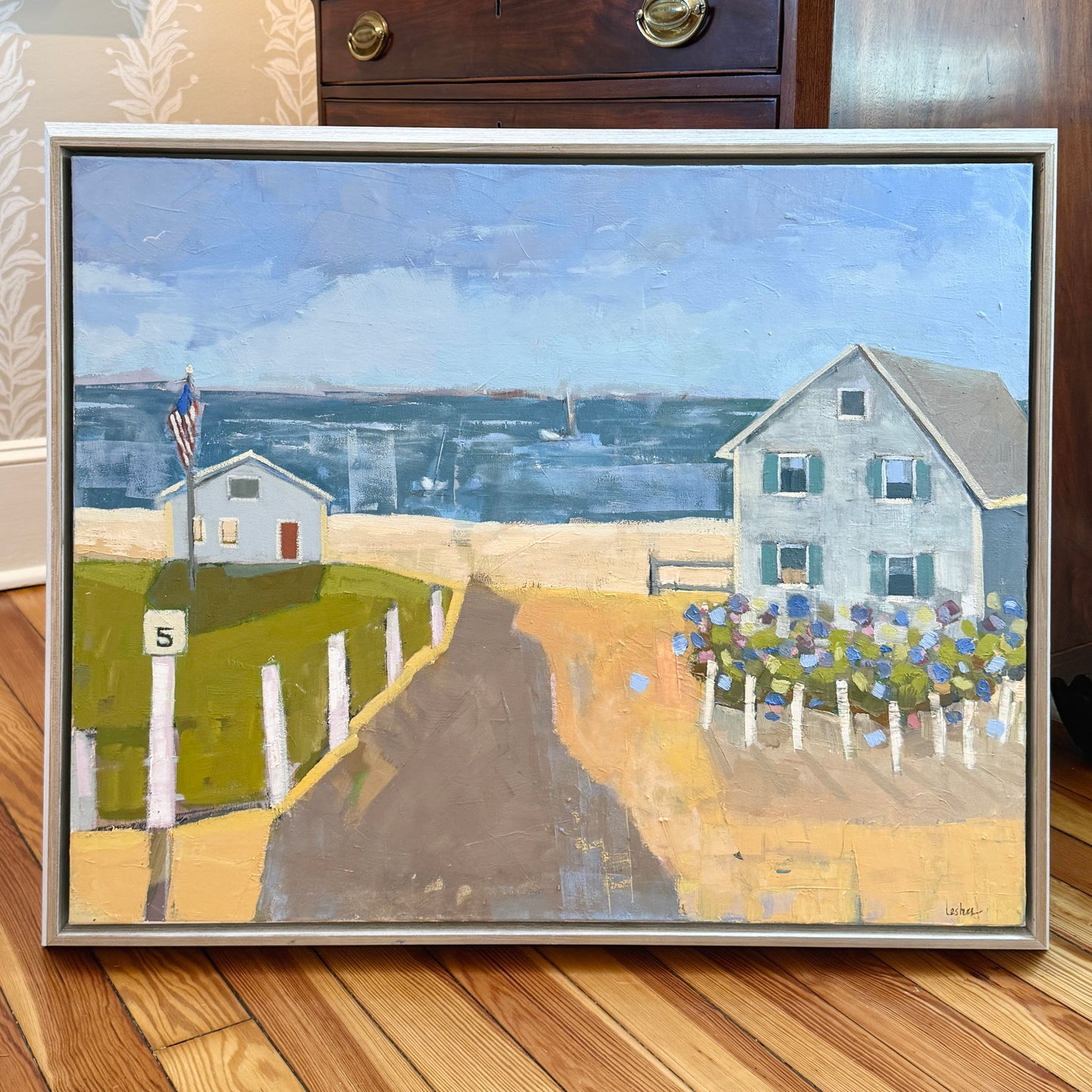 Carol Lesher Escape Oil Coastal Landscape Painting in White Wood Frame