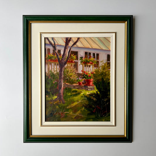 Geoff Bladon New England Garden and House Landscape Oil Painting in Green Frame