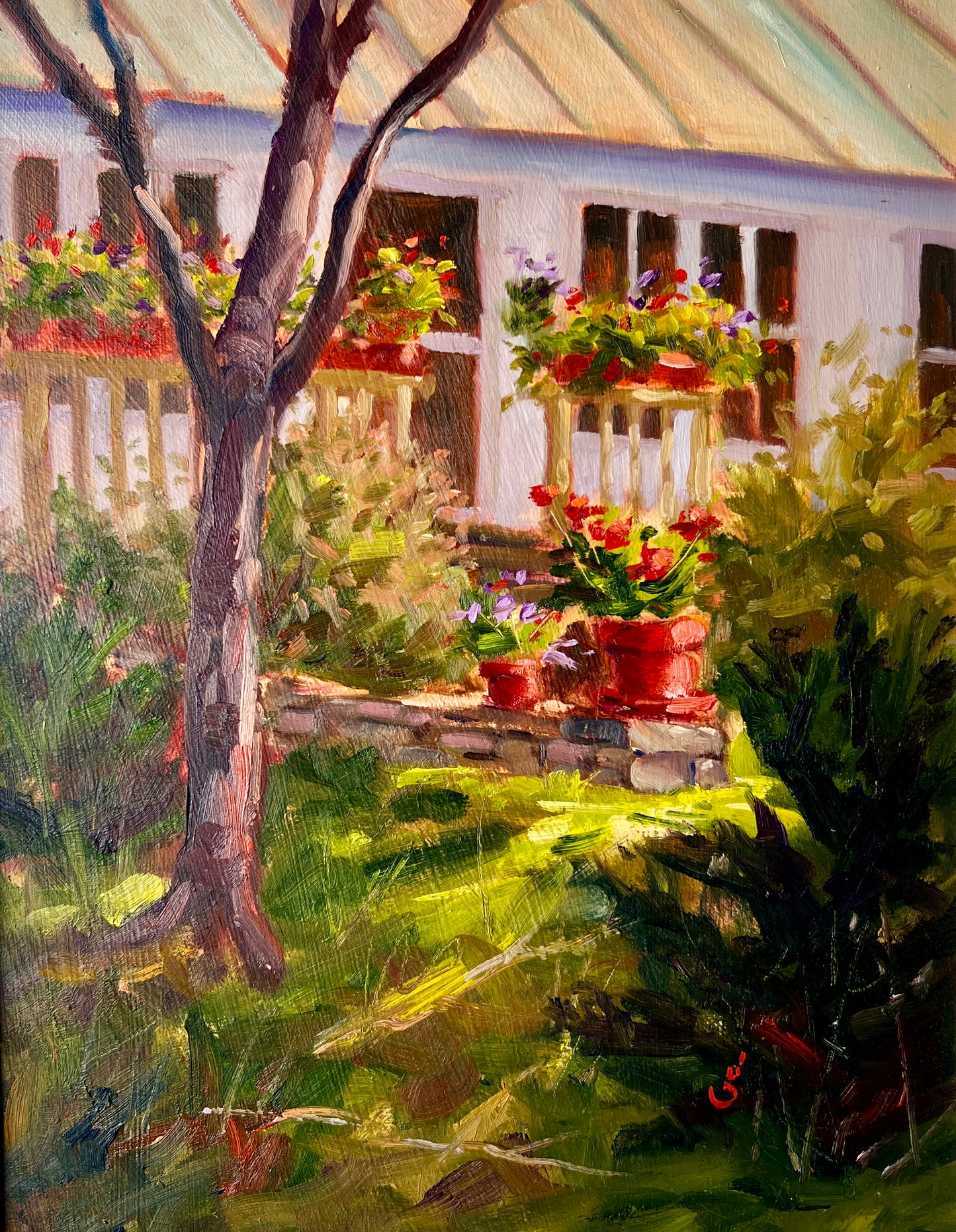 Geoff Bladon New England Garden and House Landscape Oil Painting in Green Frame