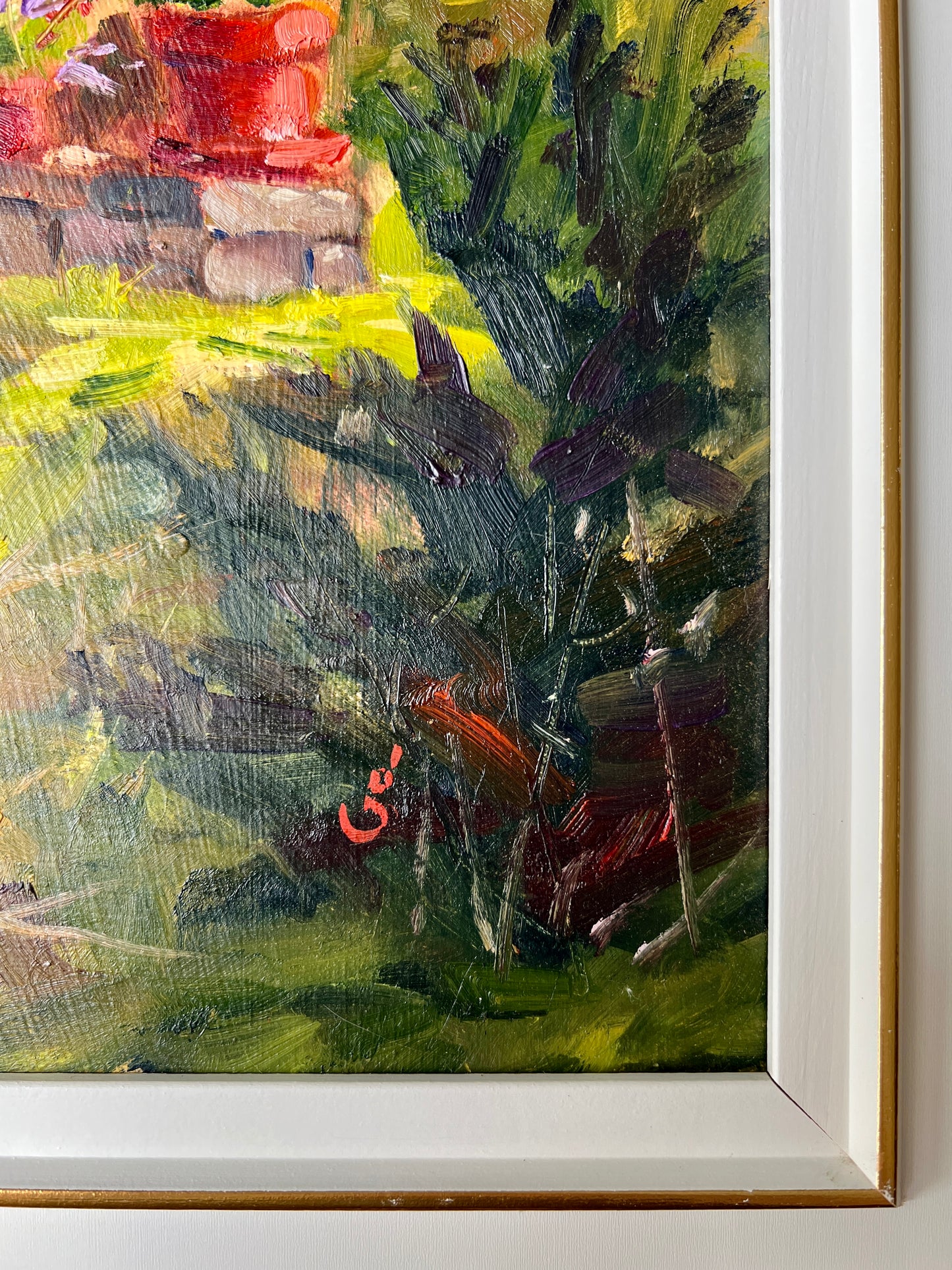 Geoff Bladon New England Garden and House Landscape Oil Painting in Green Frame
