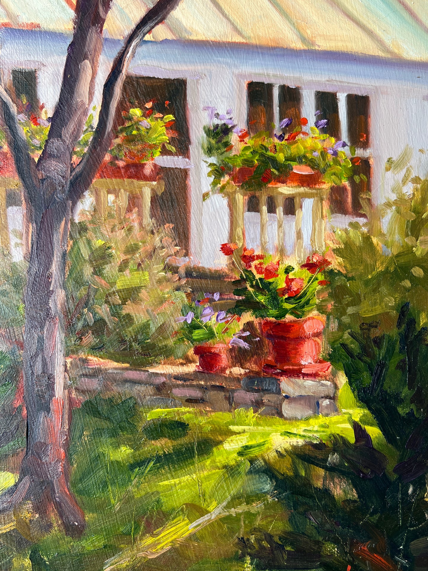 Geoff Bladon New England Garden and House Landscape Oil Painting in Green Frame