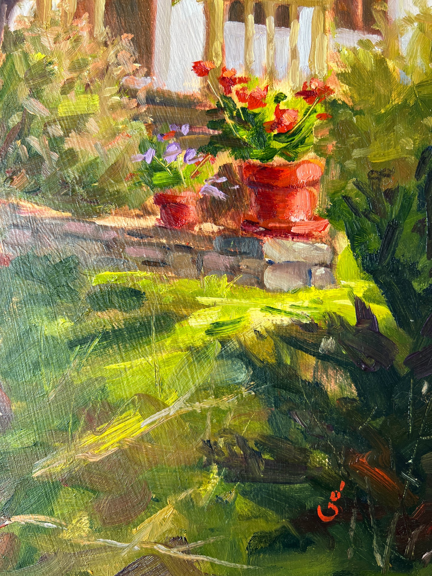 Geoff Bladon New England Garden and House Landscape Oil Painting in Green Frame