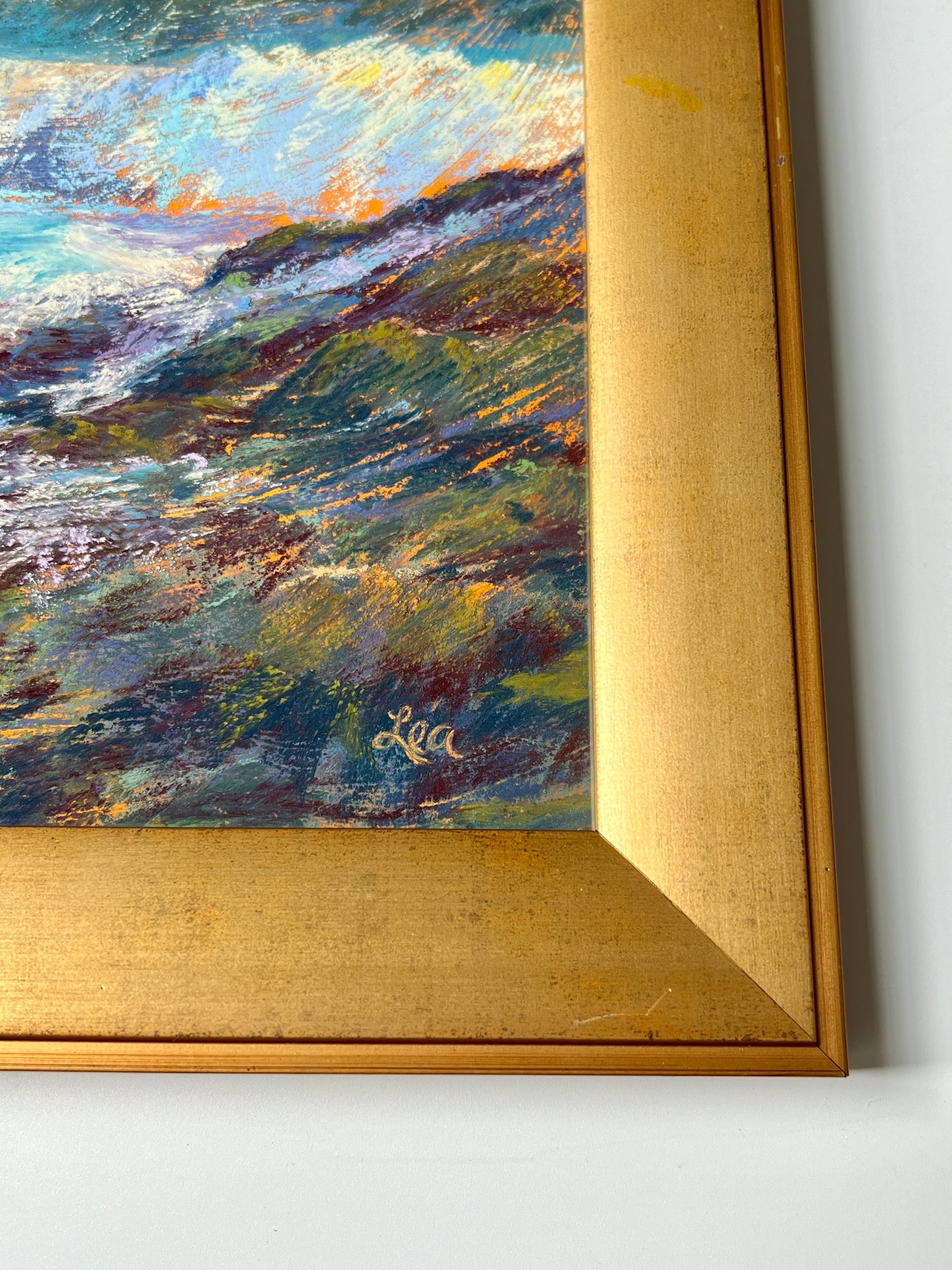 Lea Peterson (American) New England Coastal Seascape Pastel in Gold Frame