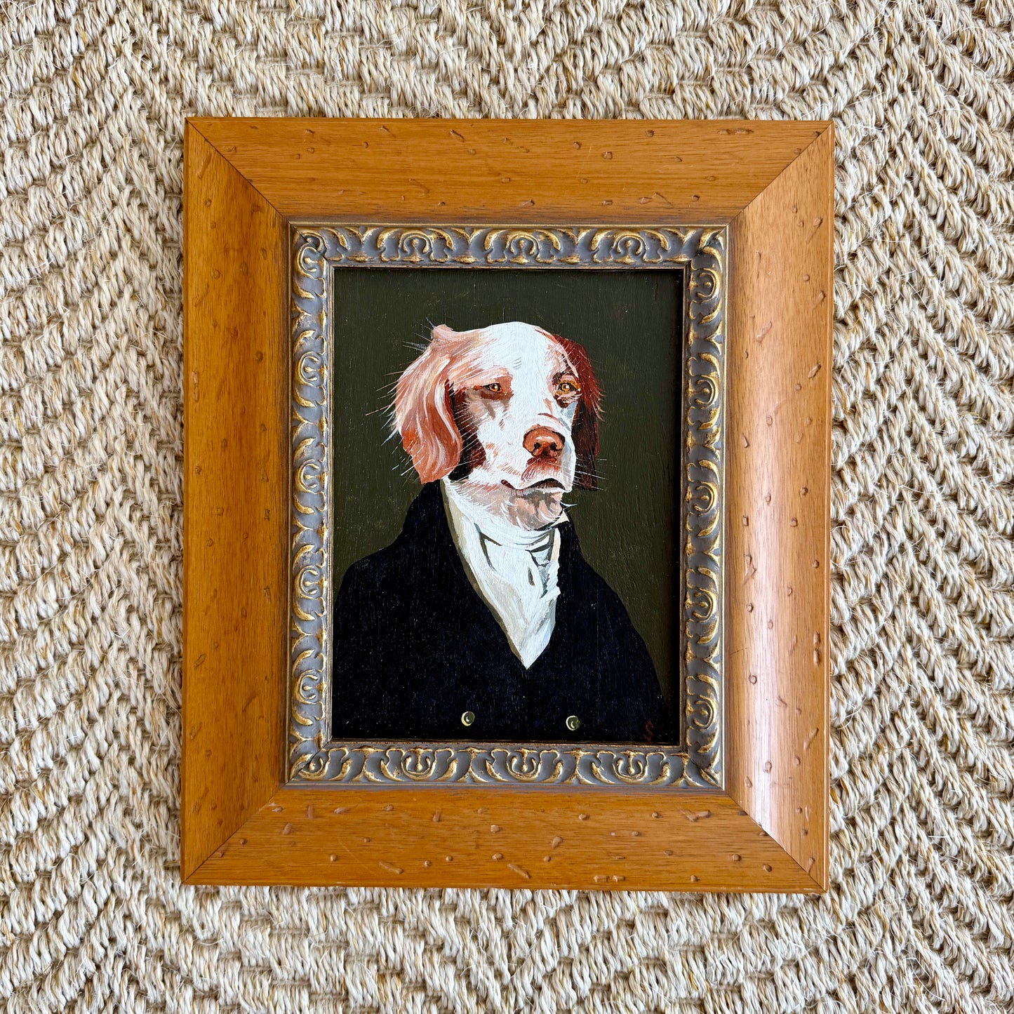 Nautical Captain Spaniel Dog Portrait Oil Painting in Hammered Wood Frame