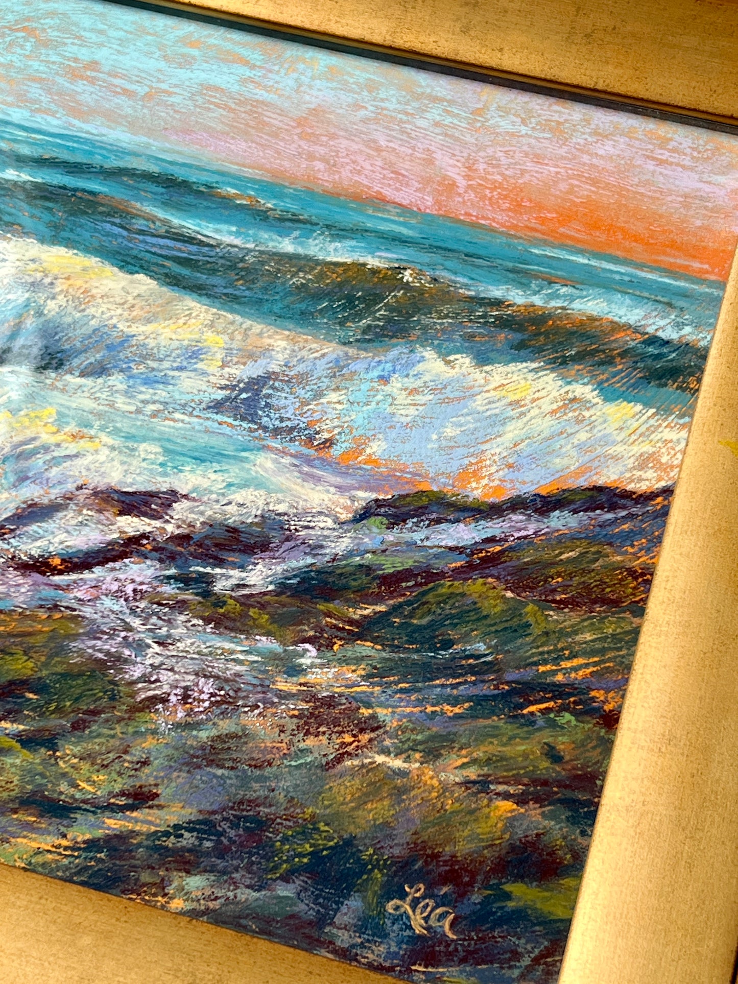 Lea Peterson (American) New England Coastal Seascape Pastel in Gold Frame