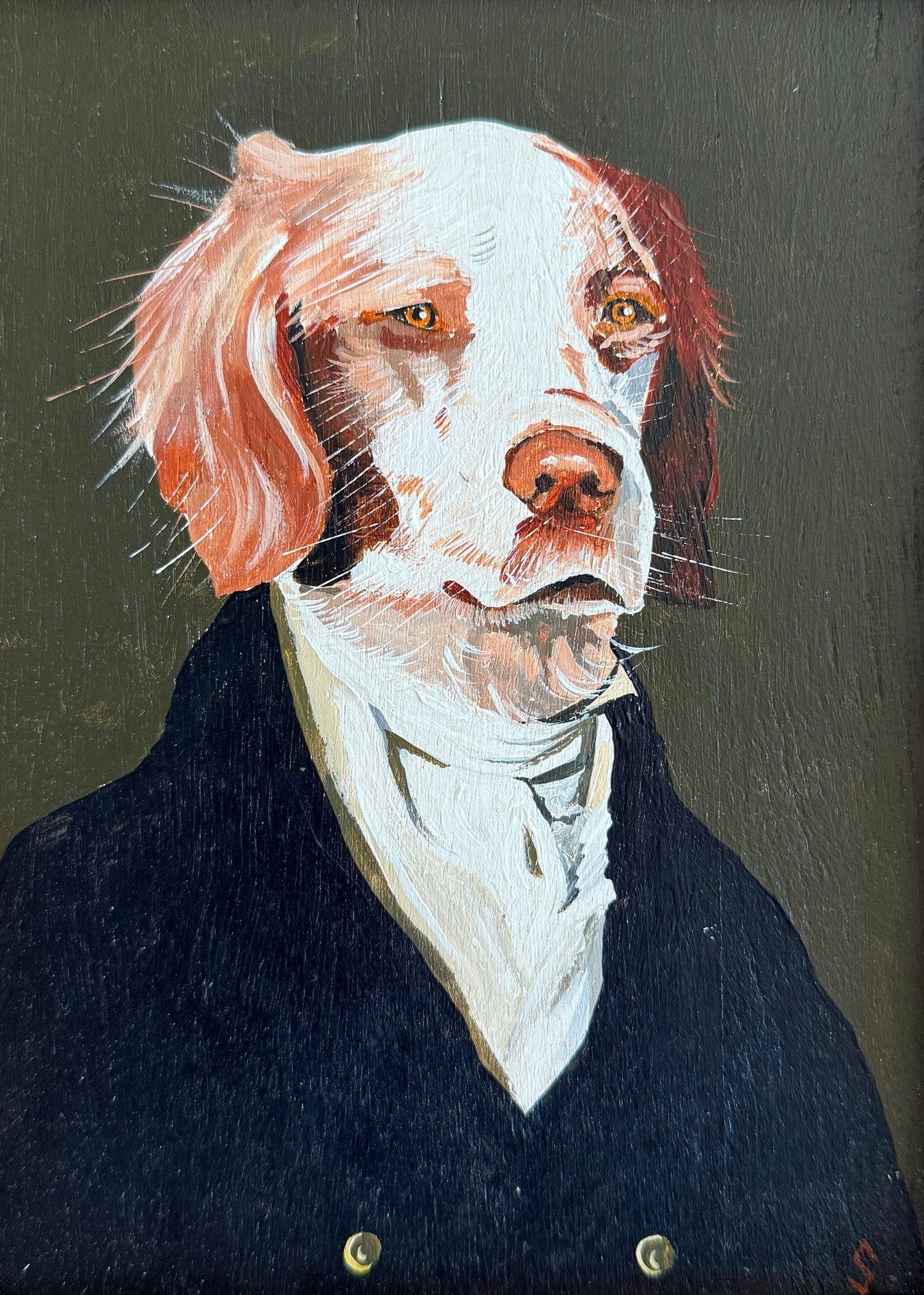 Nautical Captain Spaniel Dog Portrait Oil Painting in Hammered Wood Frame