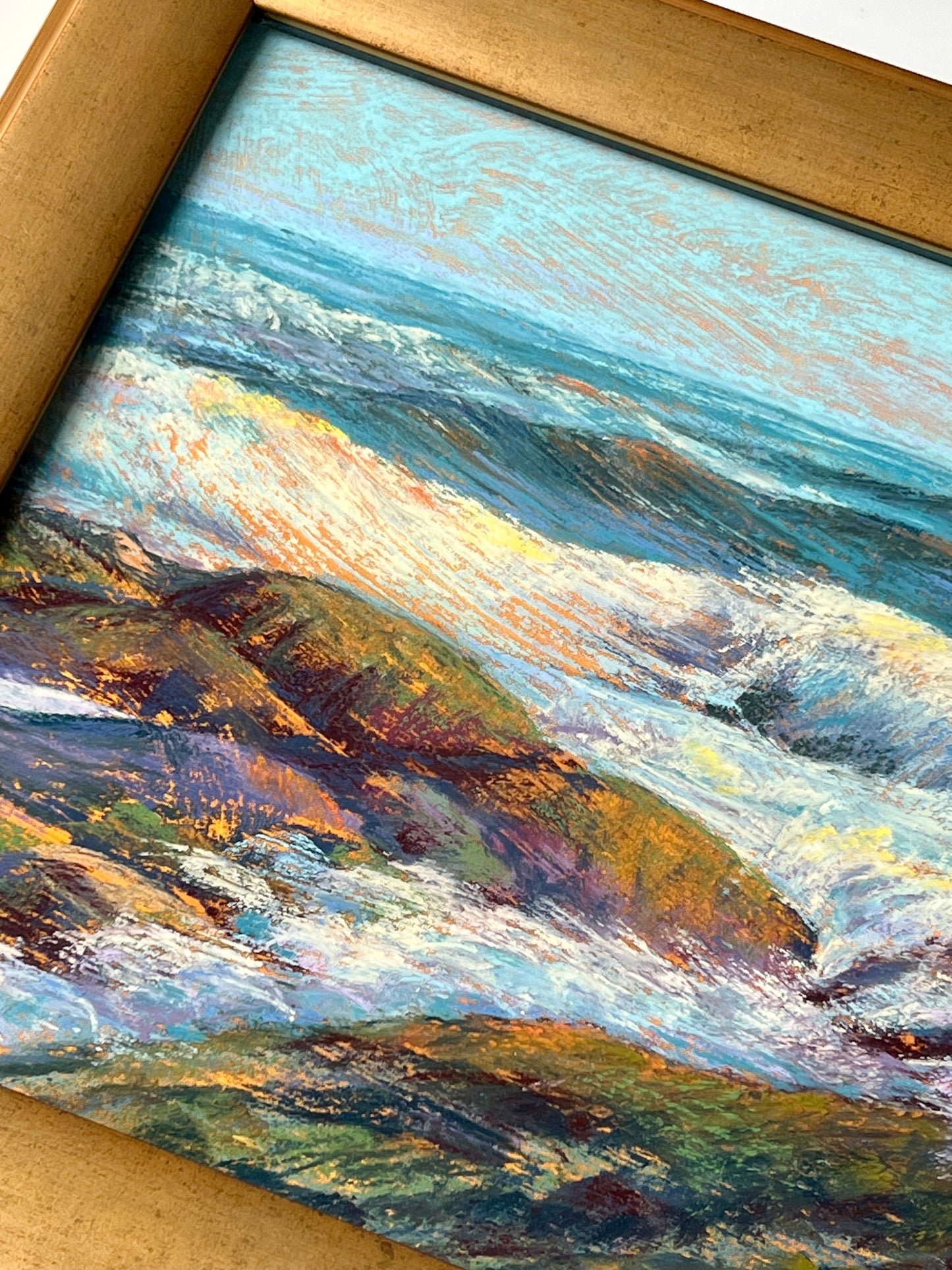 Lea Peterson (American) New England Coastal Seascape Pastel in Gold Frame