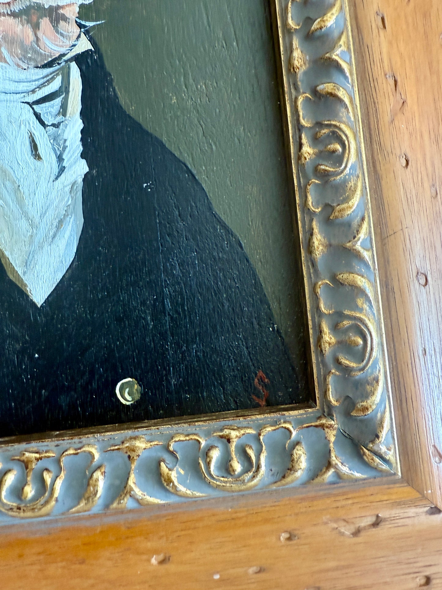 Nautical Captain Spaniel Dog Portrait Oil Painting in Hammered Wood Frame