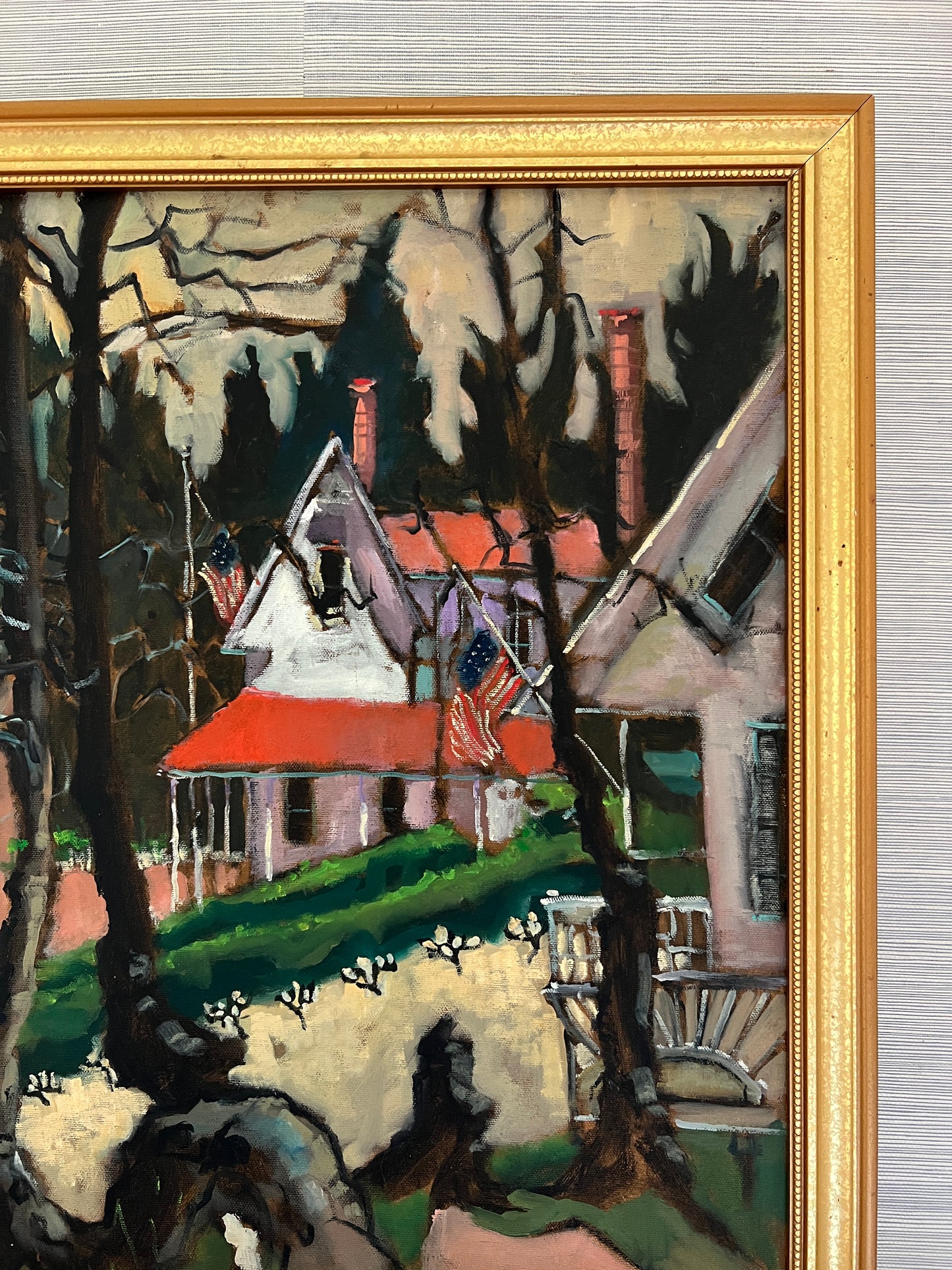 Kris Johnson "Memorial Day" American Flag Houses Oil Painting in Gold Frame