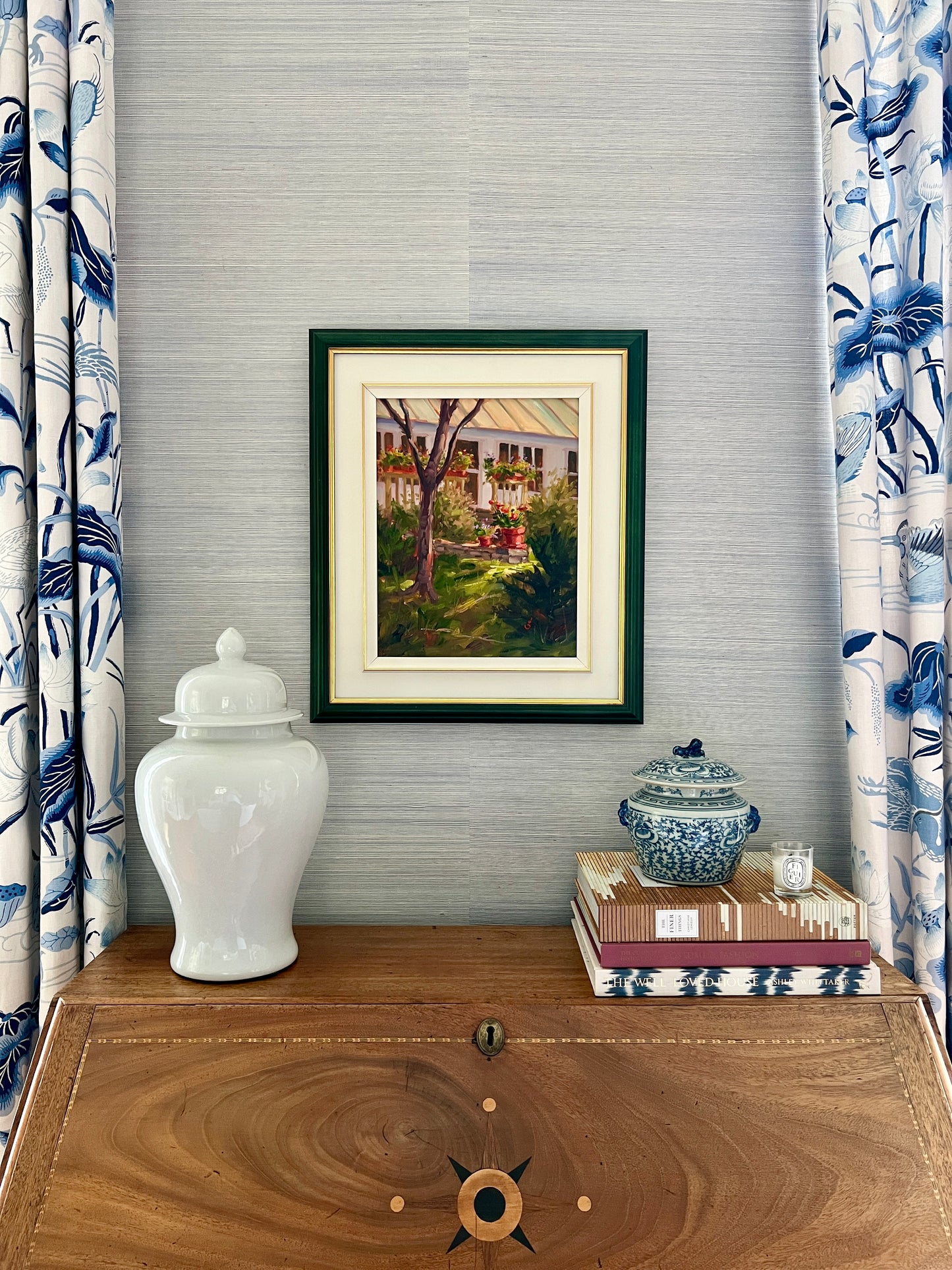 Geoff Bladon New England Garden and House Landscape Oil Painting in Green Frame