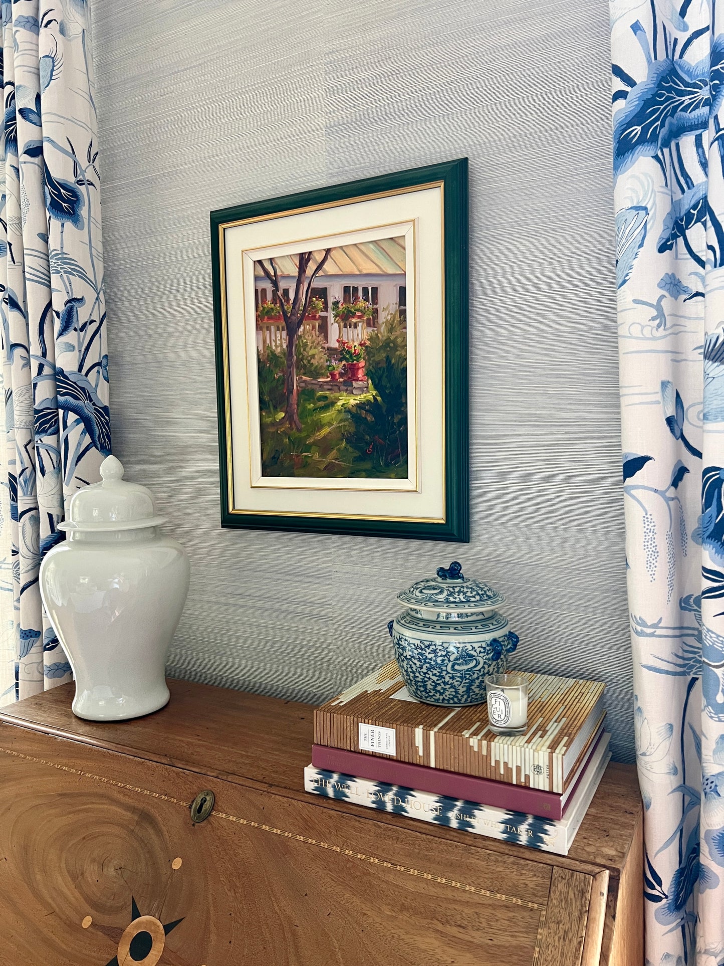 Geoff Bladon New England Garden and House Landscape Oil Painting in Green Frame