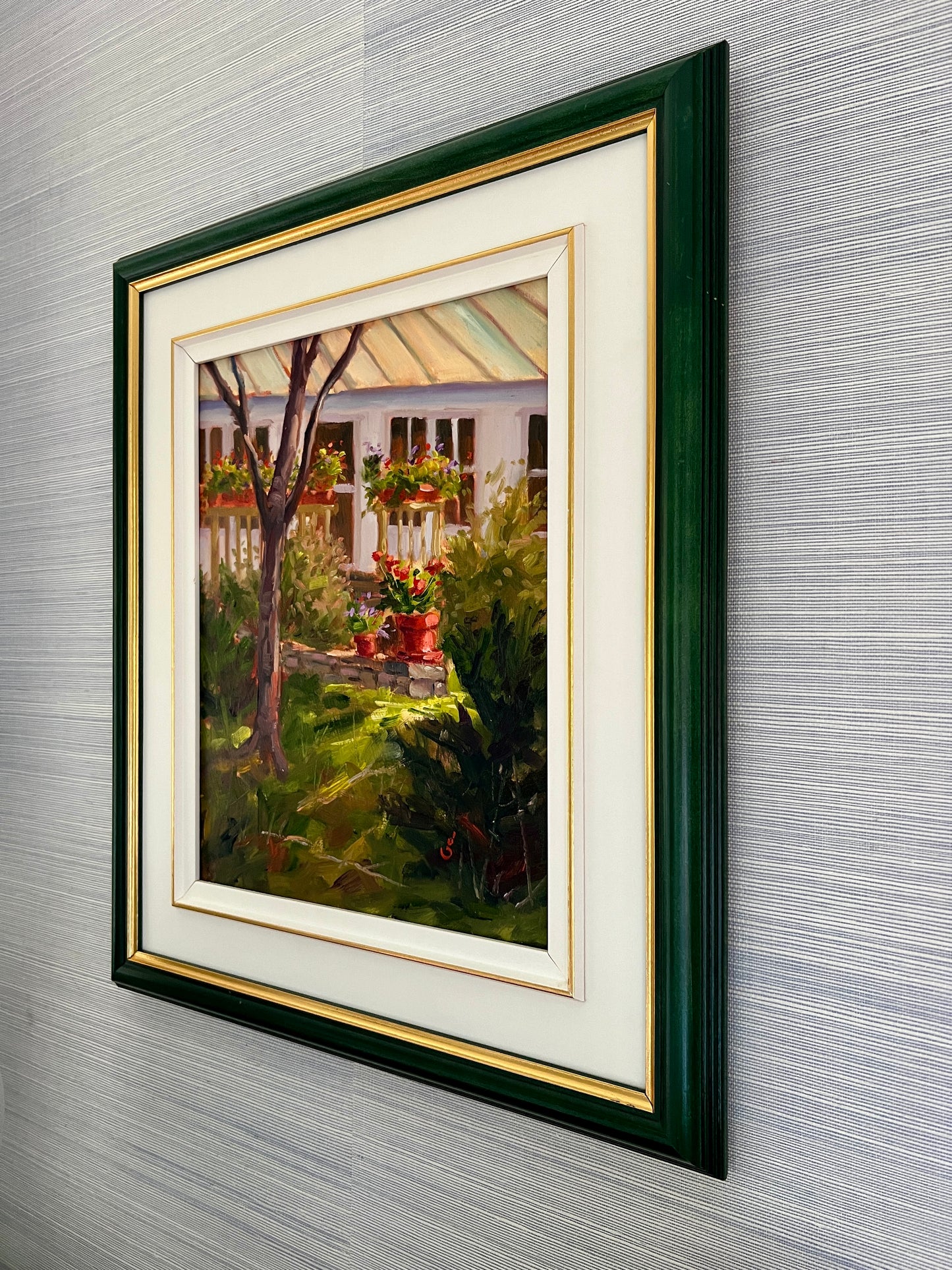 Geoff Bladon New England Garden and House Landscape Oil Painting in Green Frame