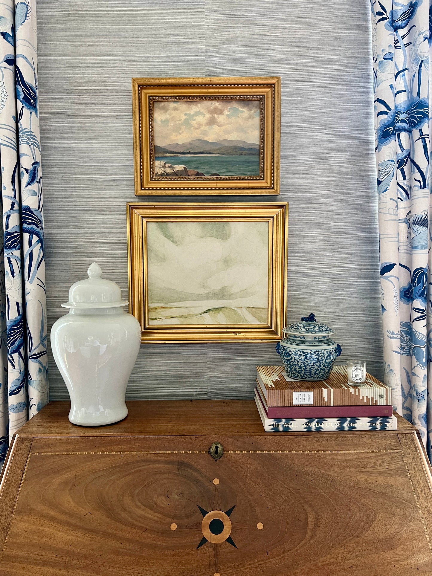 Vintage Helen Cartmell (American, b. 1923) Surreal Muted Landscape Painting in Gold Frame
