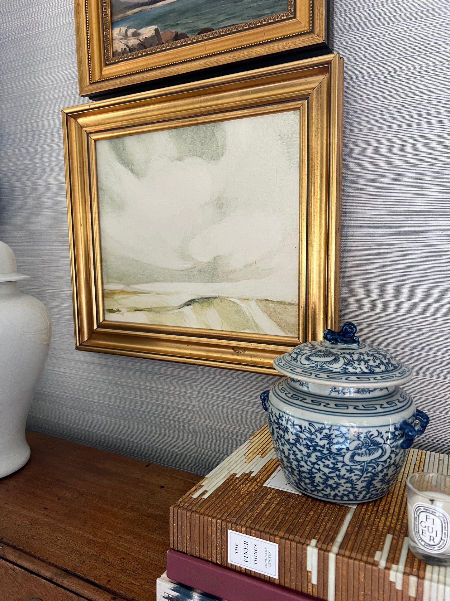 Vintage Helen Cartmell (American, b. 1923) Surreal Muted Landscape Painting in Gold Frame