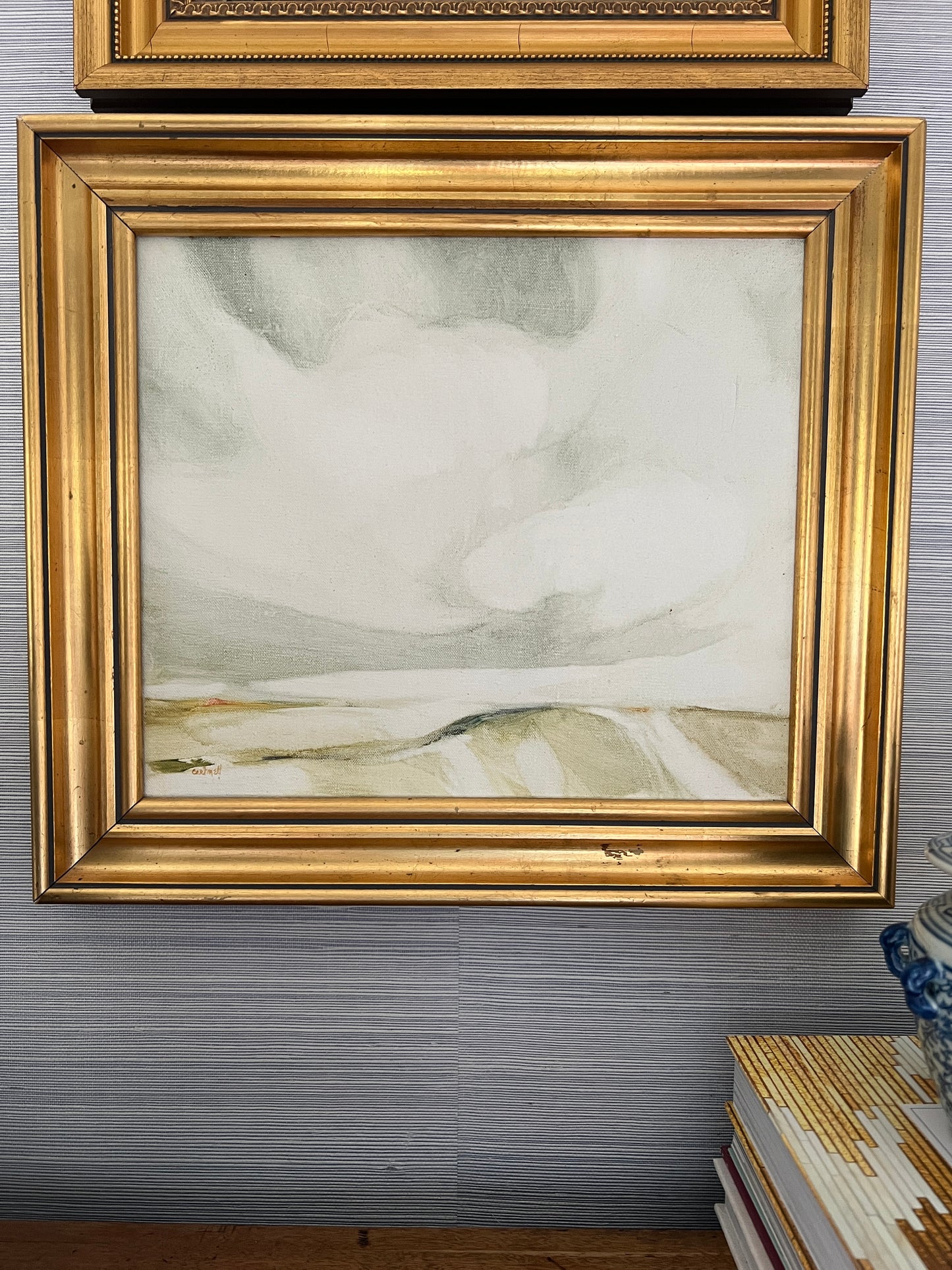 Vintage Helen Cartmell (American, b. 1923) Surreal Muted Landscape Painting in Gold Frame