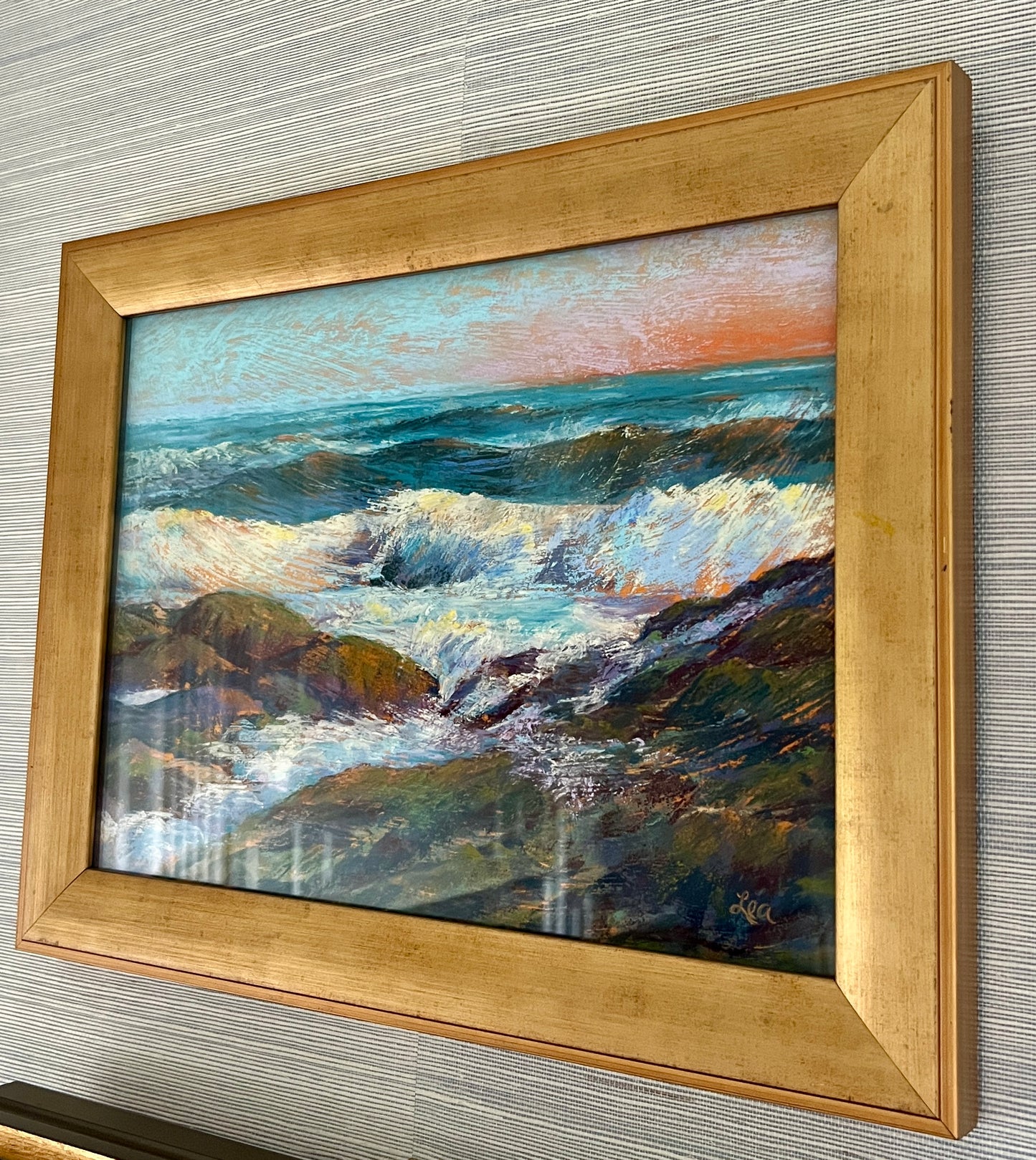 Lea Peterson (American) New England Coastal Seascape Pastel in Gold Frame