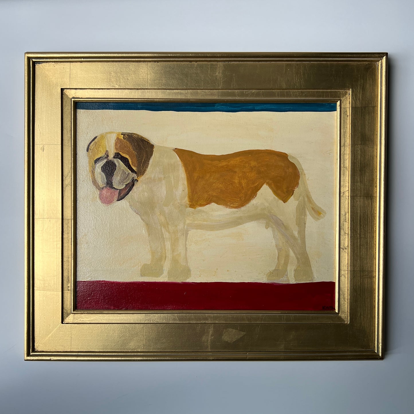 Kate Lang St. Bernard Contemporary Folk Art Dog Portrait in Gold Frame